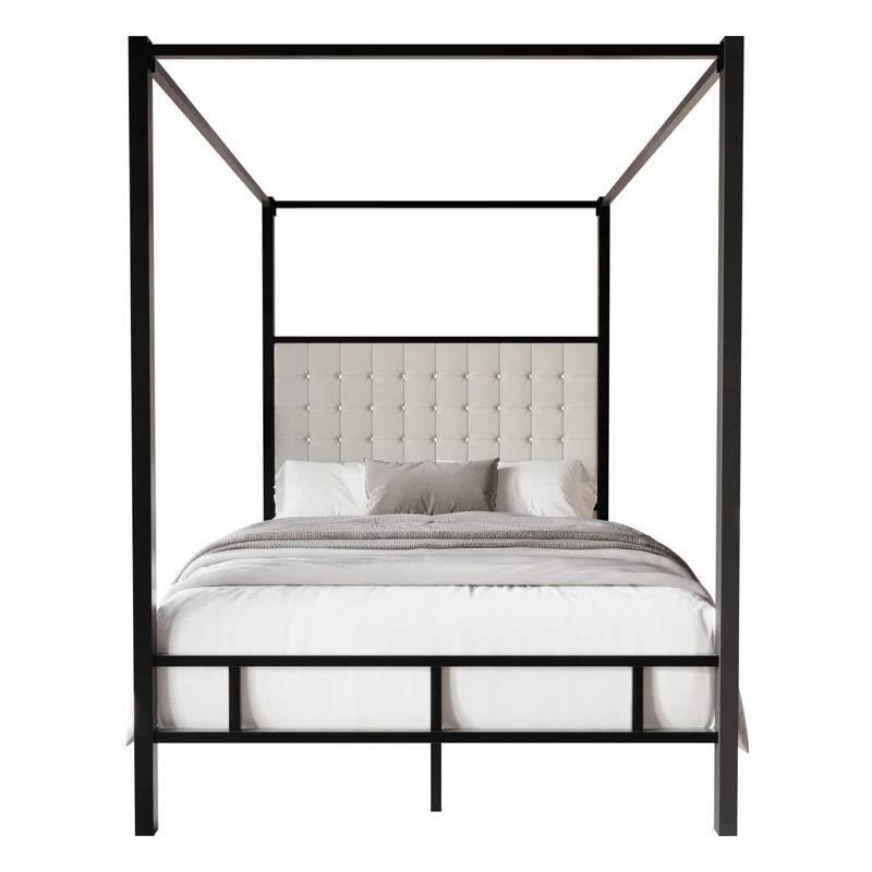 Left. Hivvago - King size Black Metal Canopy Bed with Upholstered Button-Tufted Headboard - Black, White.