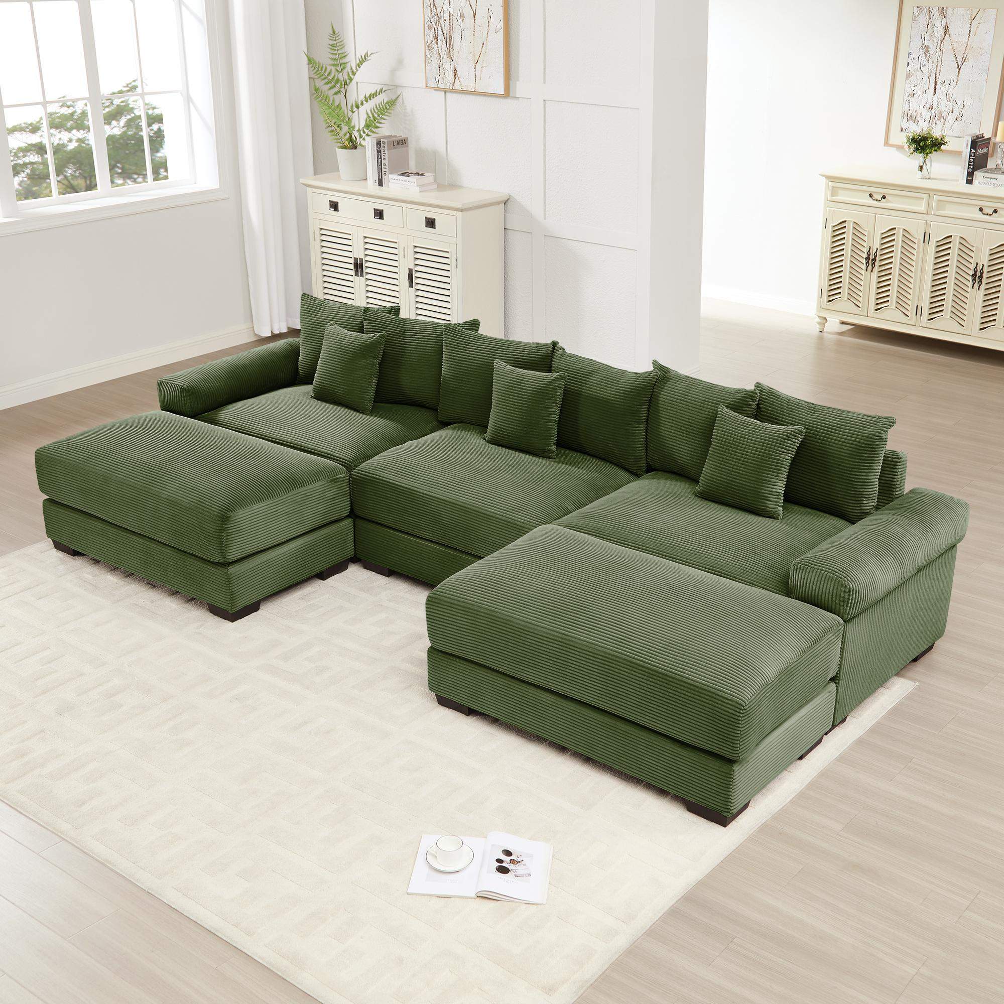 Left. Roomtec - 130 inch Oversized Cloud Modular Sectional CouchPremium Corduroy Fabric 3Seater Deep Seat Wide Armrests With An - Green.