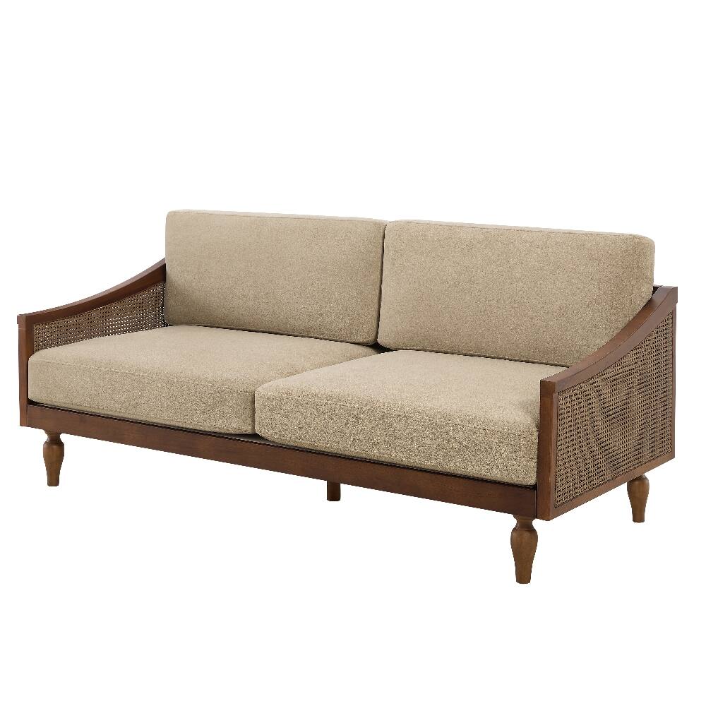 Alt View 3. Loheer - Loheer 70.9 Inch Mid-Century 3-Seater Sofa Light Brown Chenille Couch with Rattan Armrests - Light Brown.