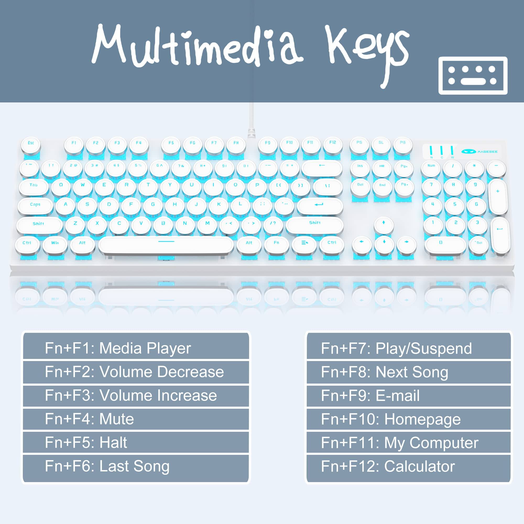 Multimedia Keys

Fn+F1: Media Player  
Fn+F2: Volume Decrease  
Fn+F3: Volume Increase  
Fn+F4: Mute  
Fn+F5: Halt  
Fn+F6: Last Song  
Fn+F7: Play/Suspend  
Fn+F8: Next Song  
Fn+F9: E-mail  
Fn+F10: Homepage  
Fn+F11: My Computer  
Fn+F12: Calculator