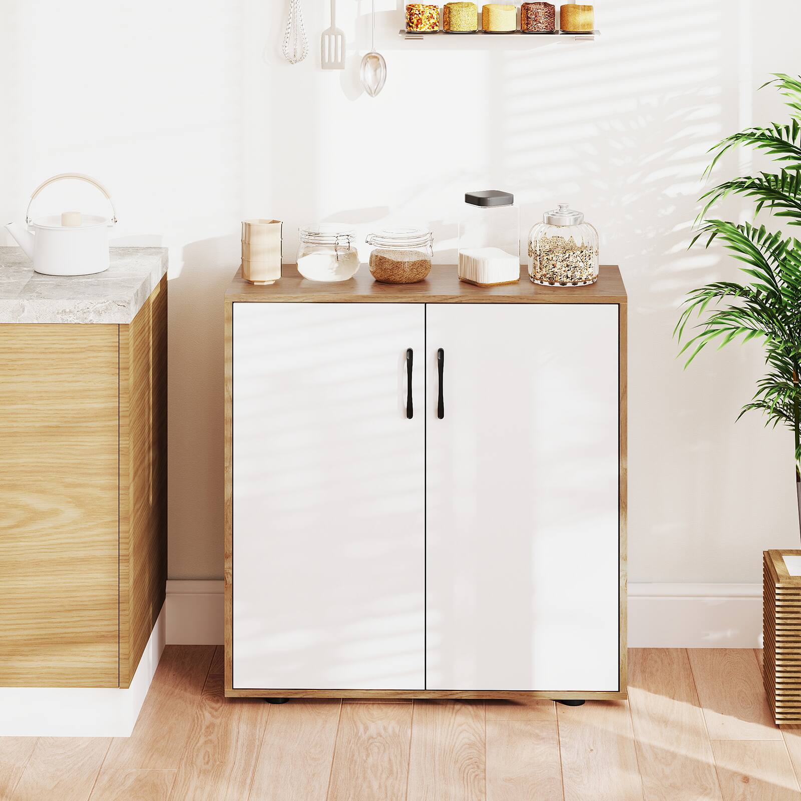 Alt View 3. Gymax - Gymax Coffee Bar Cabinet 2-Door Kitchen Storage Cabinet w/ 5-Position Adjustable Shelf - White, Natural.