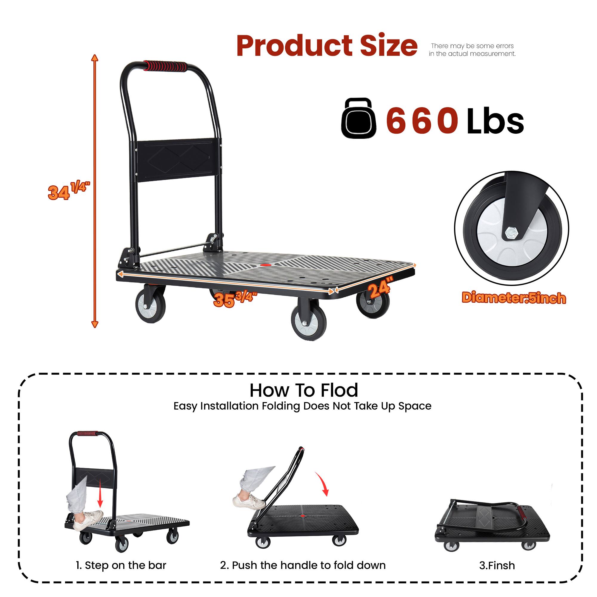 Product Size  
There may be some errors in the actual measurement.  
660 Lbs  

Dimensions:  
- Height: 34 1/4"  
- Width: 35 3/4"  
- Length: 24"  
- Diameter: 5 inch  

How To Fold  
Easy Installation Folding Does Not Take Up Space  
1. Step on the bar  
2. Push the handle to fold down  
3. Finish