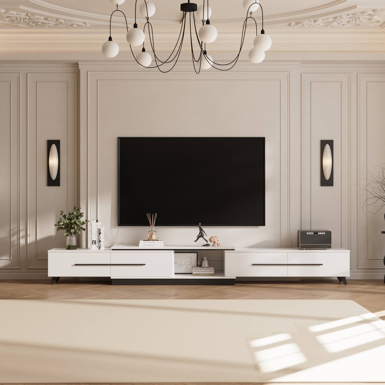 Angle. FUFU&GAGA - Extendable TV Stand for 85 Inch TV, 95-133.9" Media Console with Drawers, Modern Luxury Metal Legs - White.
