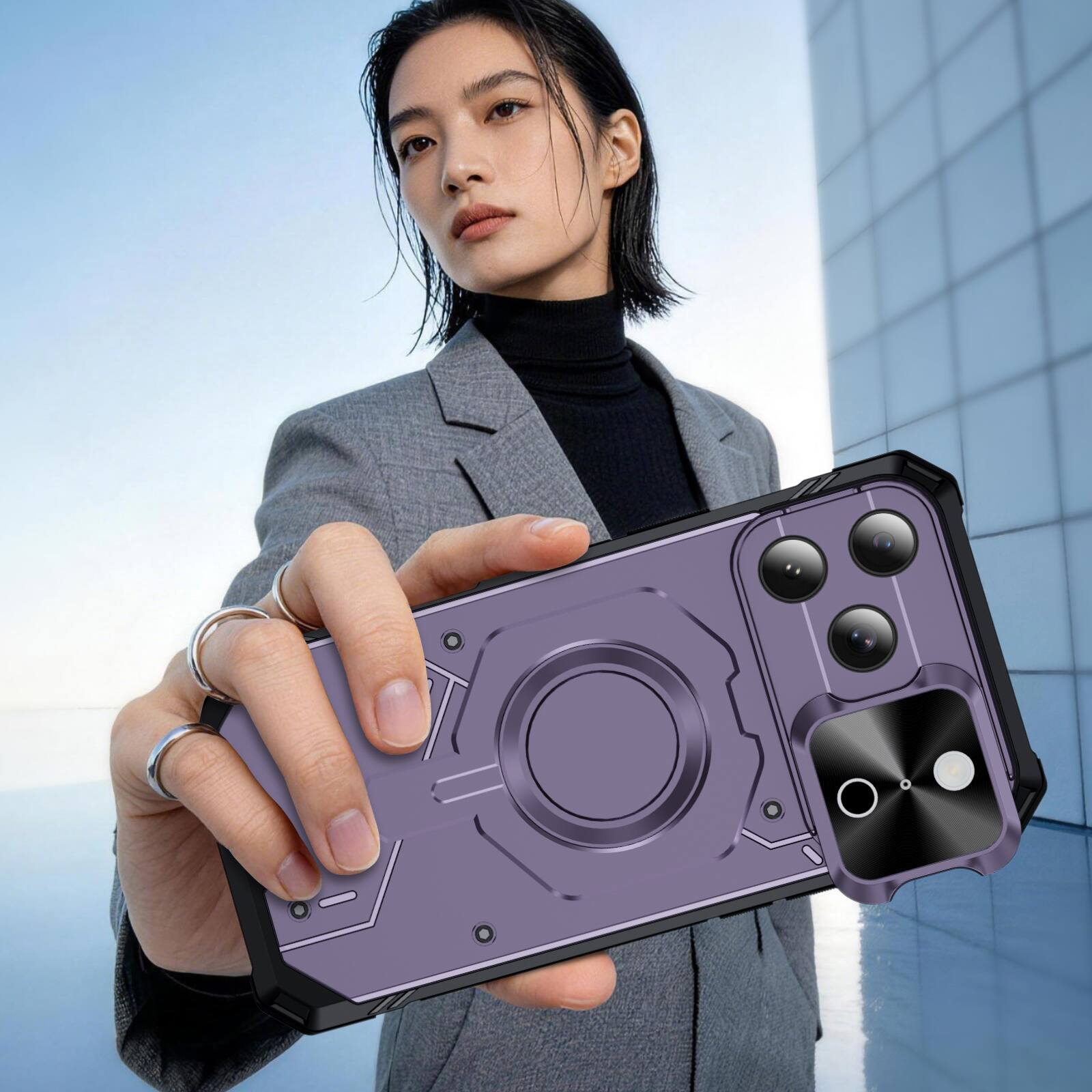 Back. Dteck - Shockproof Magnetic Hybrid Protective Case for Apple iPhone 17 Pro with Slide Camera Cover, Side Anti-Slip Texture - Lightpurple.