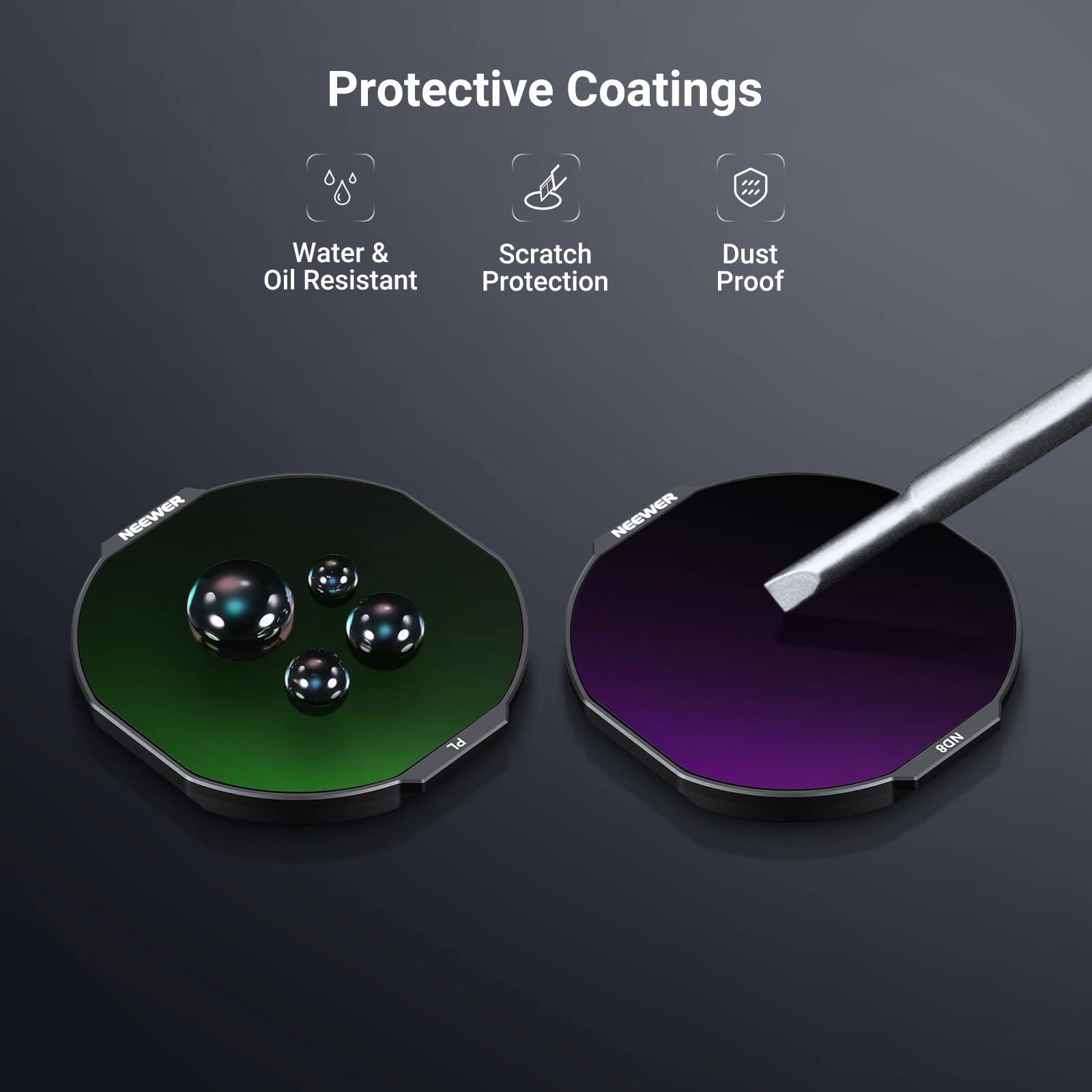Protective Coatings  
Water & Oil Resistant  
Scratch Protection  
Dust Proof  

NEEWER  
NEEWER  
PL ND8