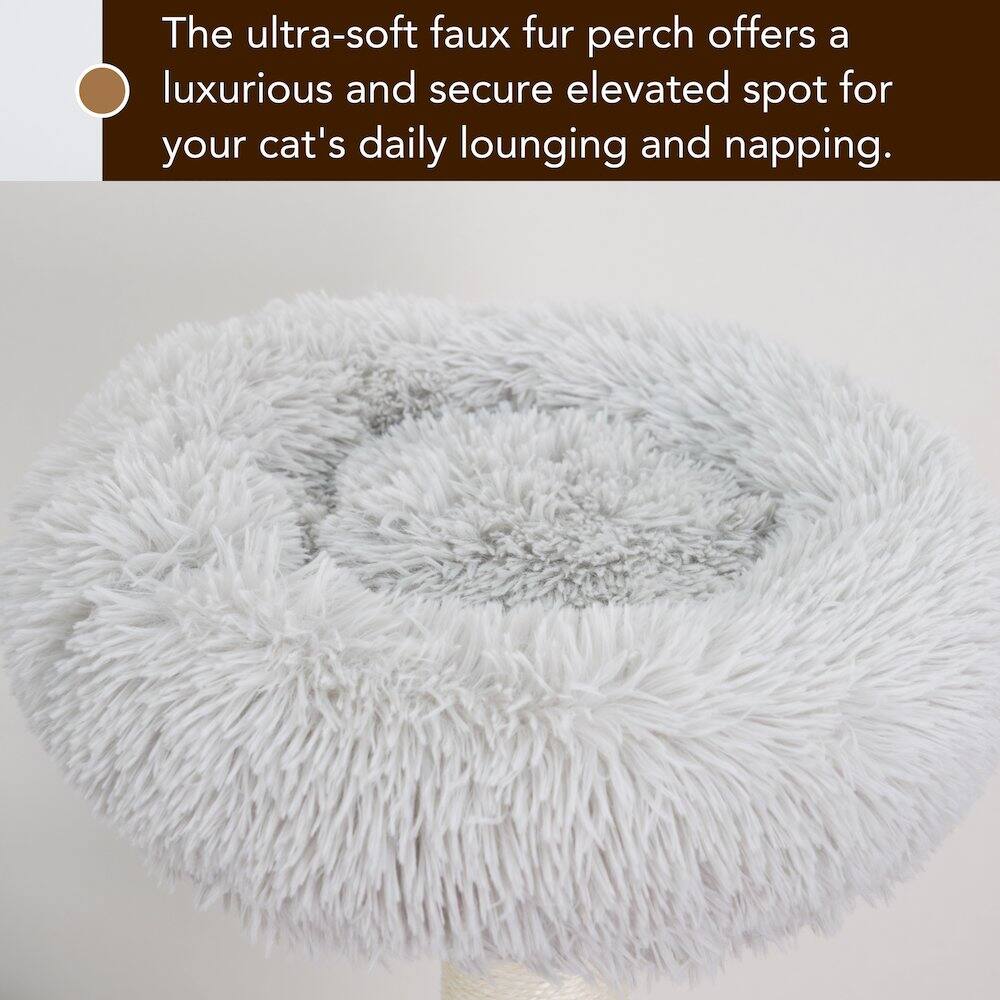 The ultra-soft faux fur perch offers a luxurious and secure elevated spot for your cat's daily lounging and napping.