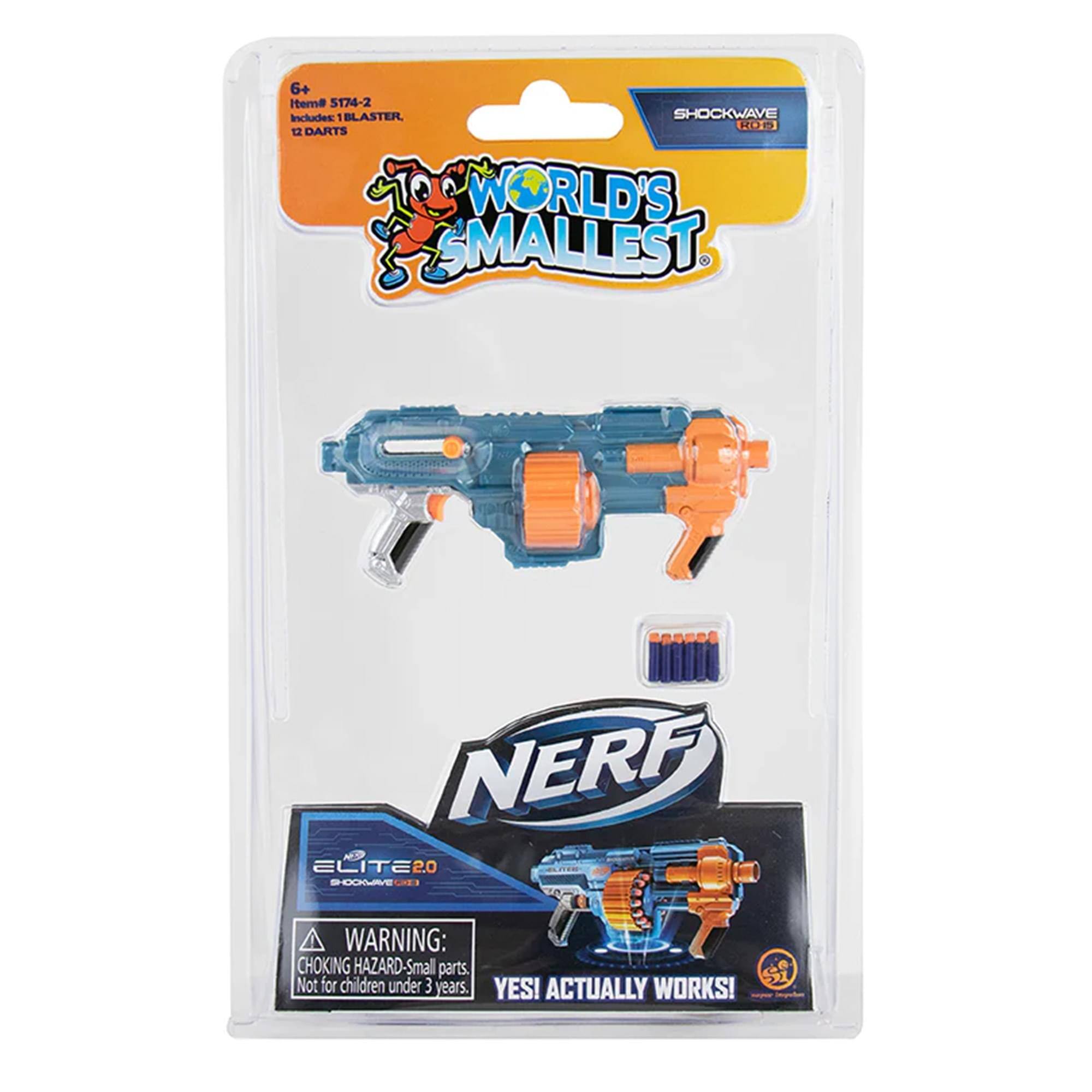 6+ Itema 5174-2 Includes 1 BLASTER, 12 DARTS WORLD'S SMALLEST. NERF ELITE20 SHOCKWAVE RDS WARNING: CHOKING HAZARD Small parts. Not for children under 3 years. YES! ACTUALLY WORKS!