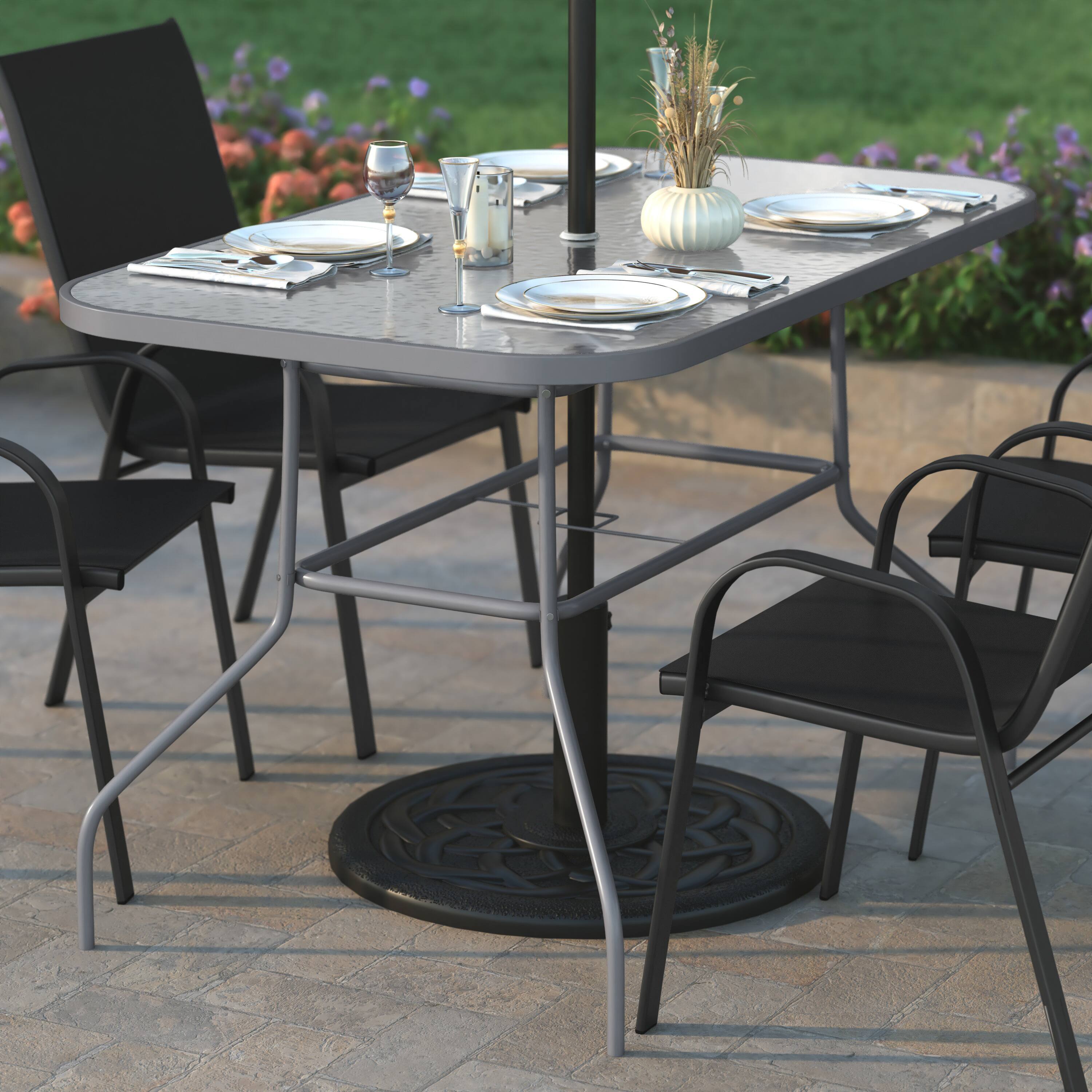 Alt View 1. Emma + Oliver - Tala Patio Table with Tempered Glass Top with Umbrella Hole and Steel Frame - Clear Top/Silver Frame.