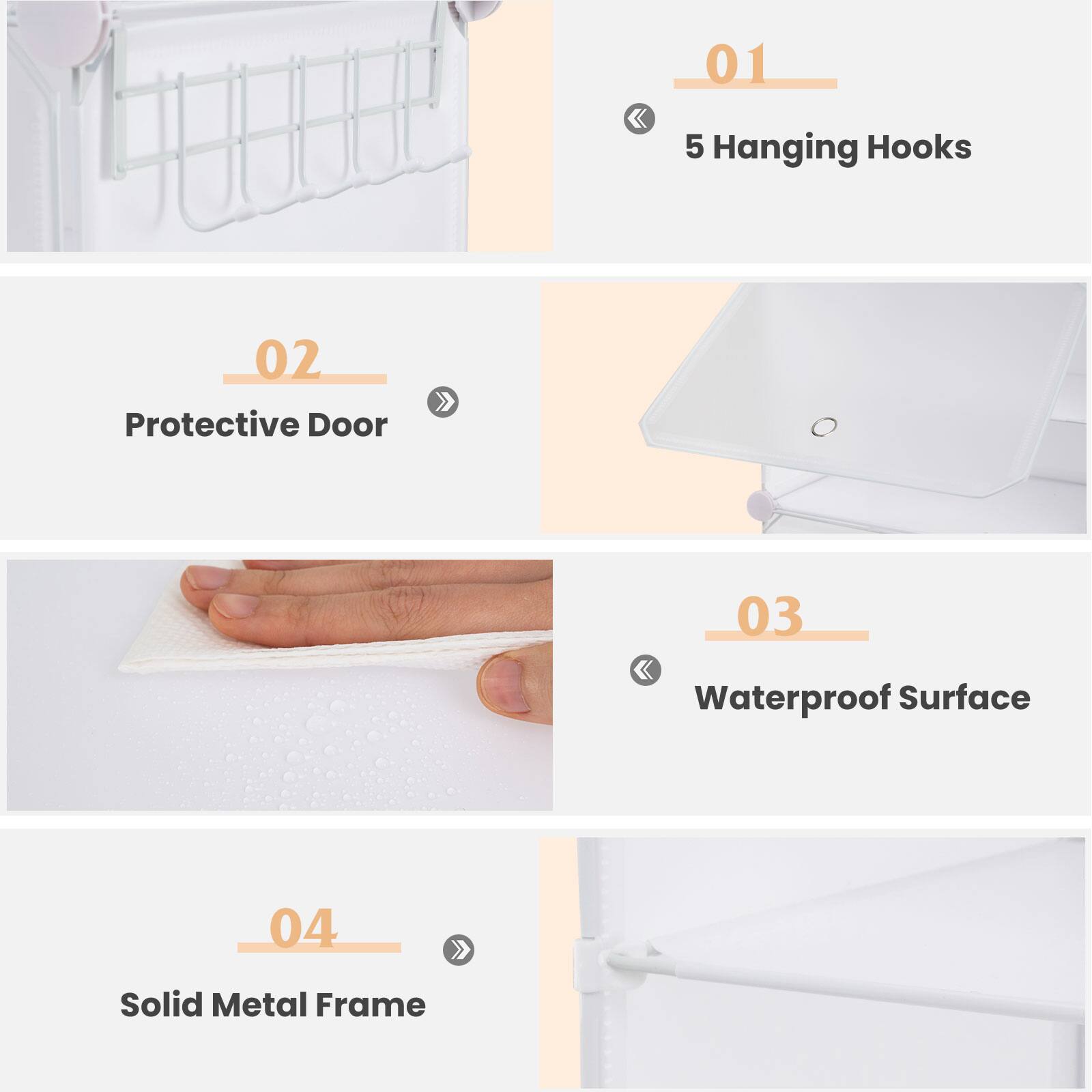 01 5 Hanging Hooks  
02 Protective Door  
03 Waterproof Surface  
04 Solid Metal Frame