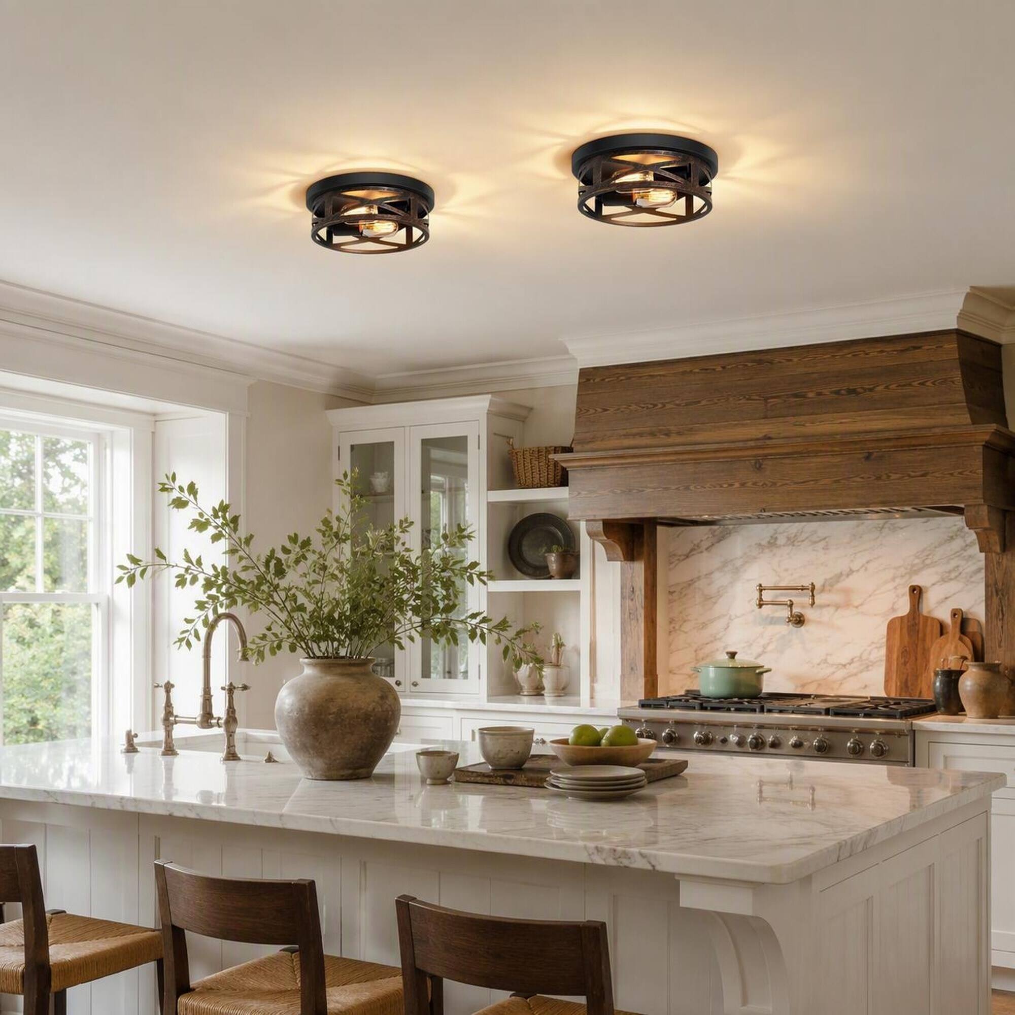 Alt View 1. RYHNUYNE - 2-Pack Matte Bronze Industrial Flush Mount Ceiling Light with Crisscross Metal Cage, Round Close-to-Ceiling Fixture.