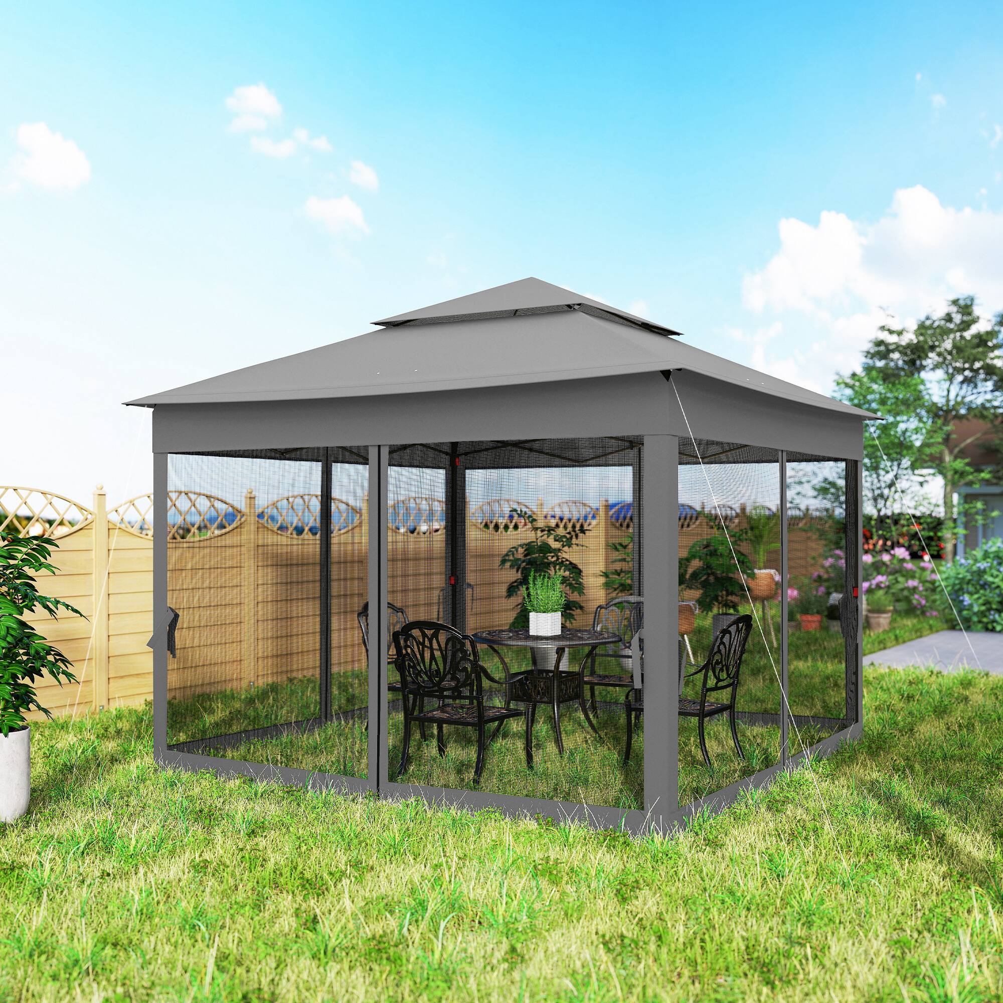 Alt View 8. Outsunny - Outdoor Patio Pop Up Canopy Gazebo Shelter with Zipper Netting, Carry Bag, 11' x 11' - Dark Gray.