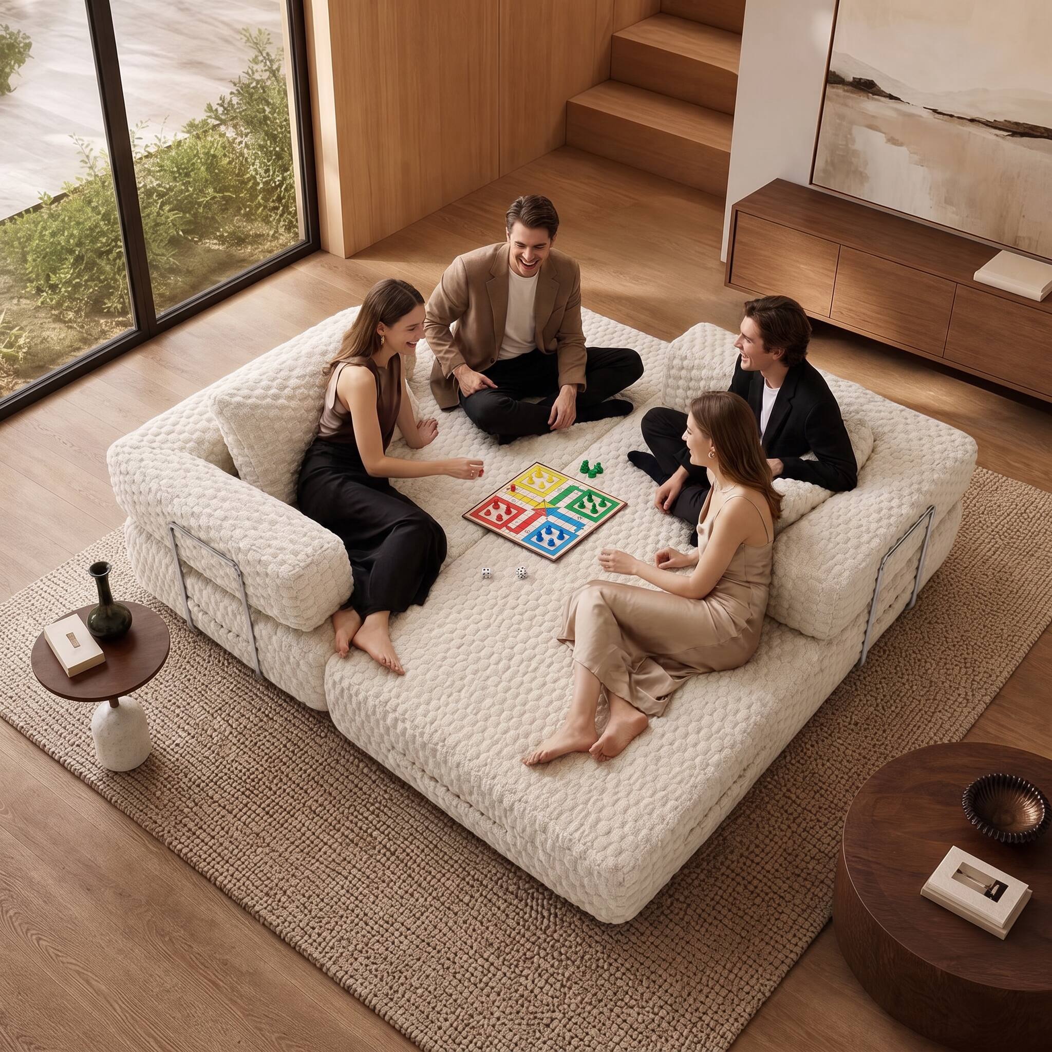 Back. Famapy - Convertible Folding Sofa Bed Couch 2-in-1 Loveseat with Plush Fabric Detachable Metal Support Brackets for Living Room - White.