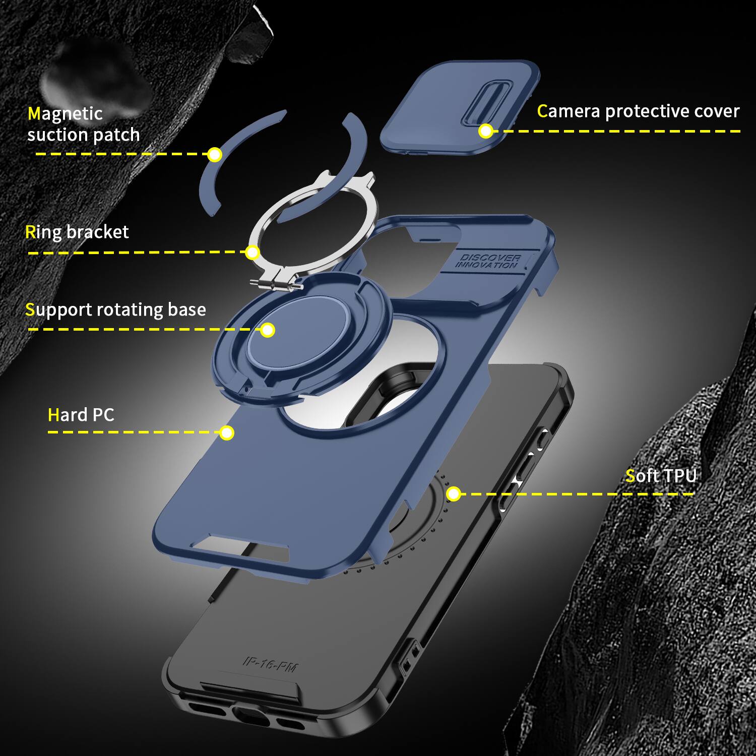 Magnetic suction patch  
Camera protective cover  
Ring bracket  
DISCOVER INNOVATION  
Support rotating base  
Hard PC  
Soft TPU  
IP-16-PM