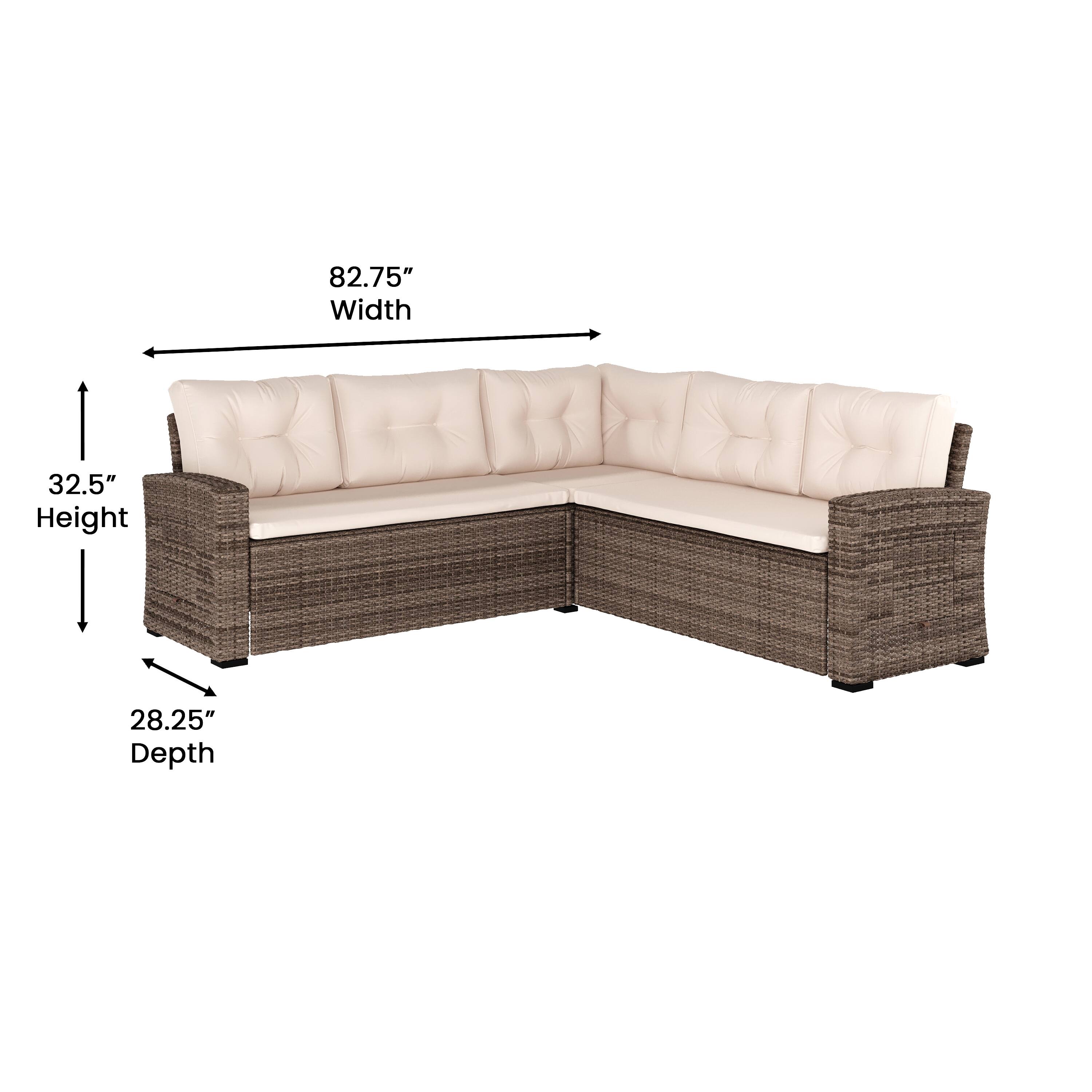 Dimension diagram of the L-shaped sectional sofa.