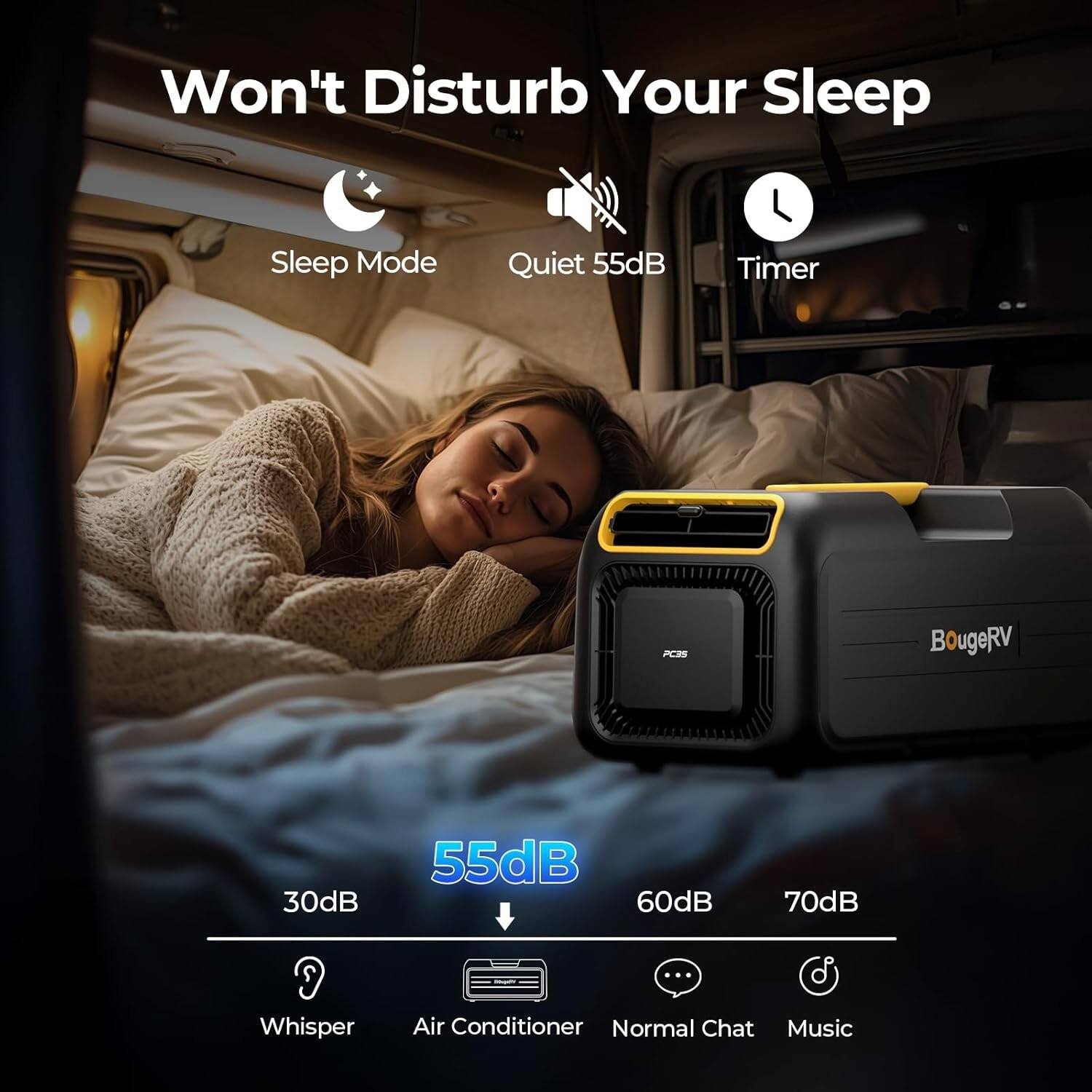 Won't Disturb Your Sleep

Sleep Mode Quiet 55dB Timer

PC BougeRV

30dB 55dB 60dB 70dB

Whisper Air Conditioner Normal Chat Music