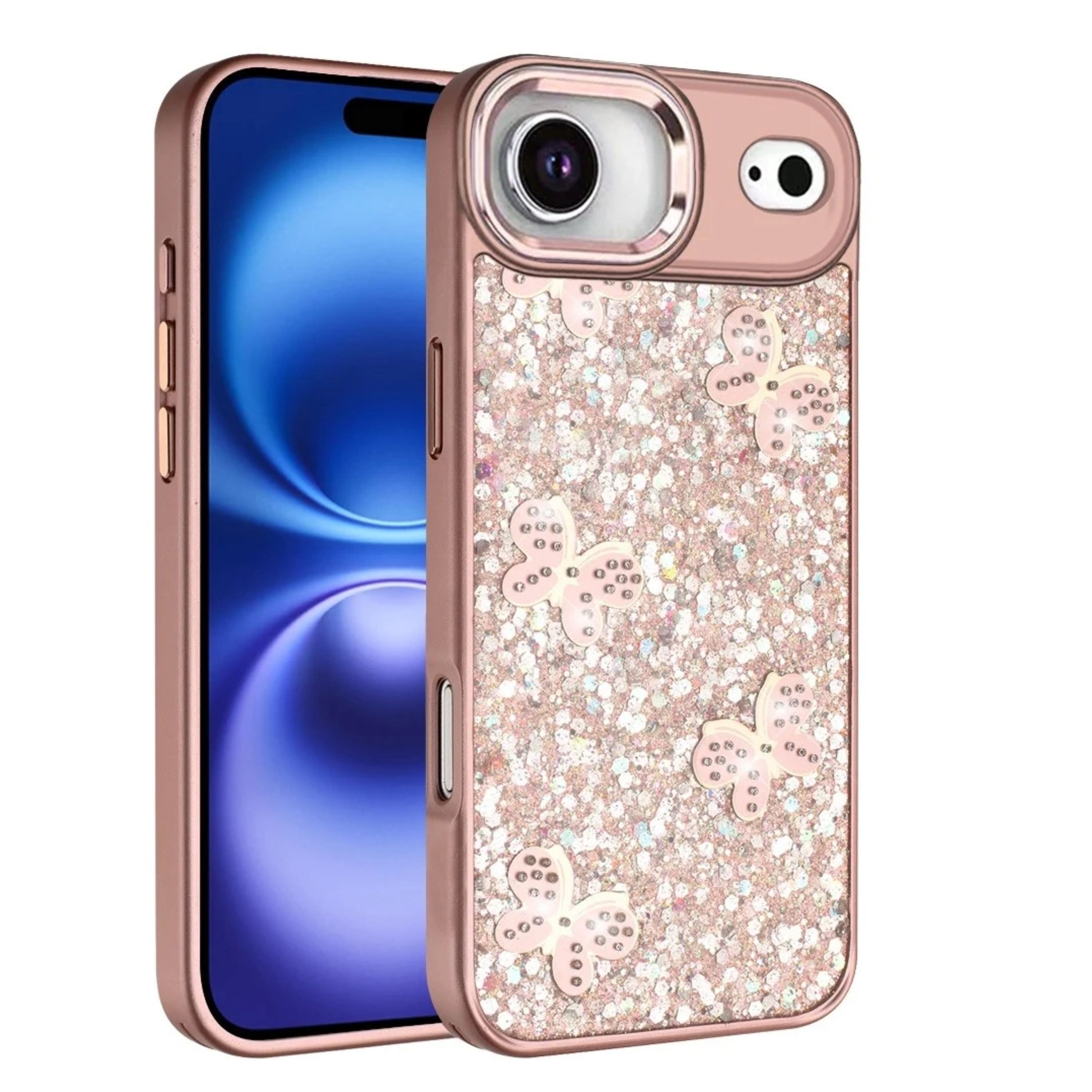 Kitcheniva - Full Glitter Flakes Butterflies Design Phone Case With Tempered Glass For iPhone Air - Rose Gold price history on PriceWatchPro
