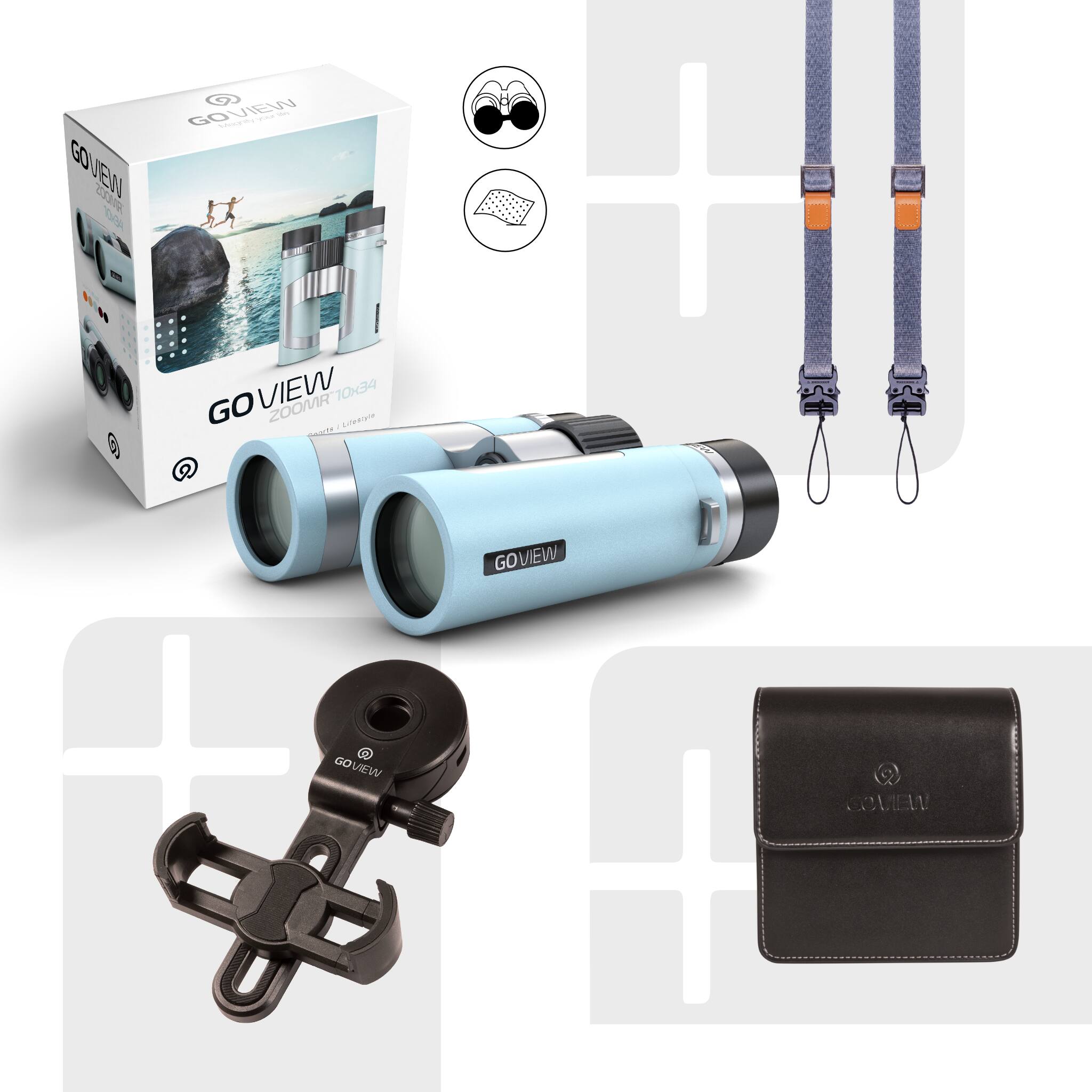 The image features a blue GoView waterproof camera, which is a compact and portable device for capturing underwater photos and videos. The camera is accompanied by various accessories, including a strap, a lens cap, and a pouch. The image also shows a box containing the camera and its accessories, making it a complete and convenient package for underwater photography enthusiasts.