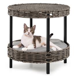 Gymax - 2-tier Rattan Cat Nest Wicker Kitten House w/ Removable Padded Cushion for Home