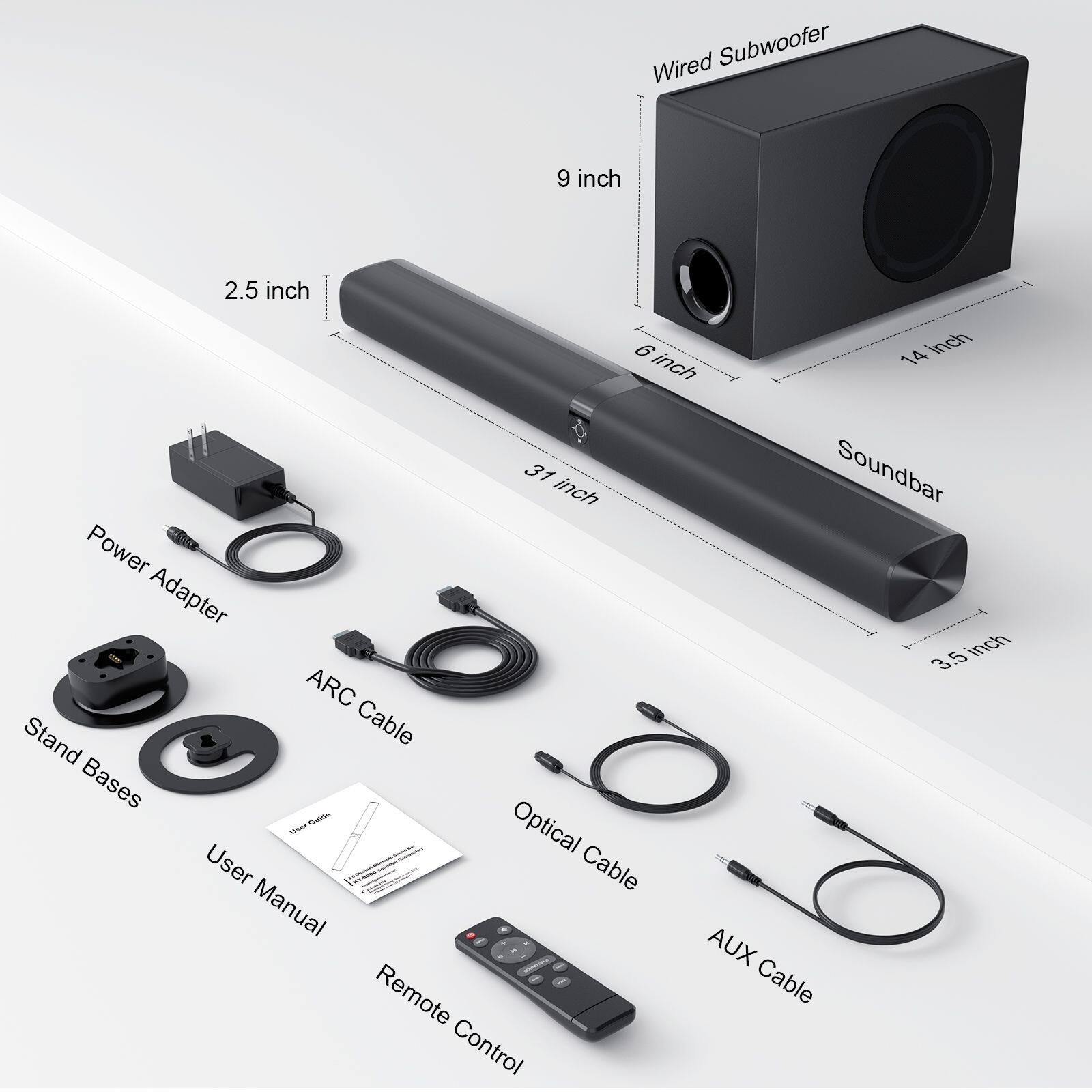 Wired Subwoofer 9 inch 2.5 inch 6 inch 14 inch 31 inch Soundbar Power Adapter 3.5 inch ARC Stand Cable Bases Nas 1As Optical User Cable Manual AUX Remote Cable Control