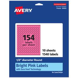 Avery - Printable Round Labels, Bright 0.5" Diameter, 1,540ct - Pink