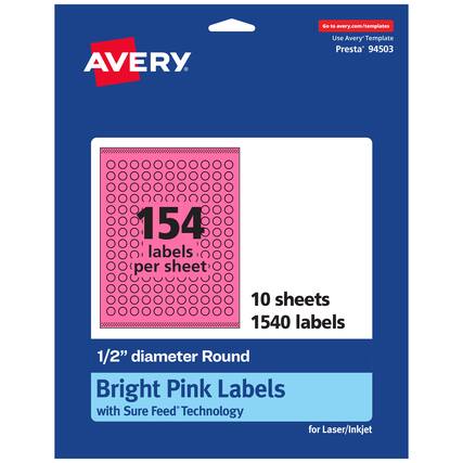 Go to avery.com/templates
AVERY
Use Avery™ Template Presta® 94503
154 labels per sheet
10 sheets
1540 labels
1/2" diameter Round
Bright Pink Labels with Sure Feed® Technology for Laser/Inkjet