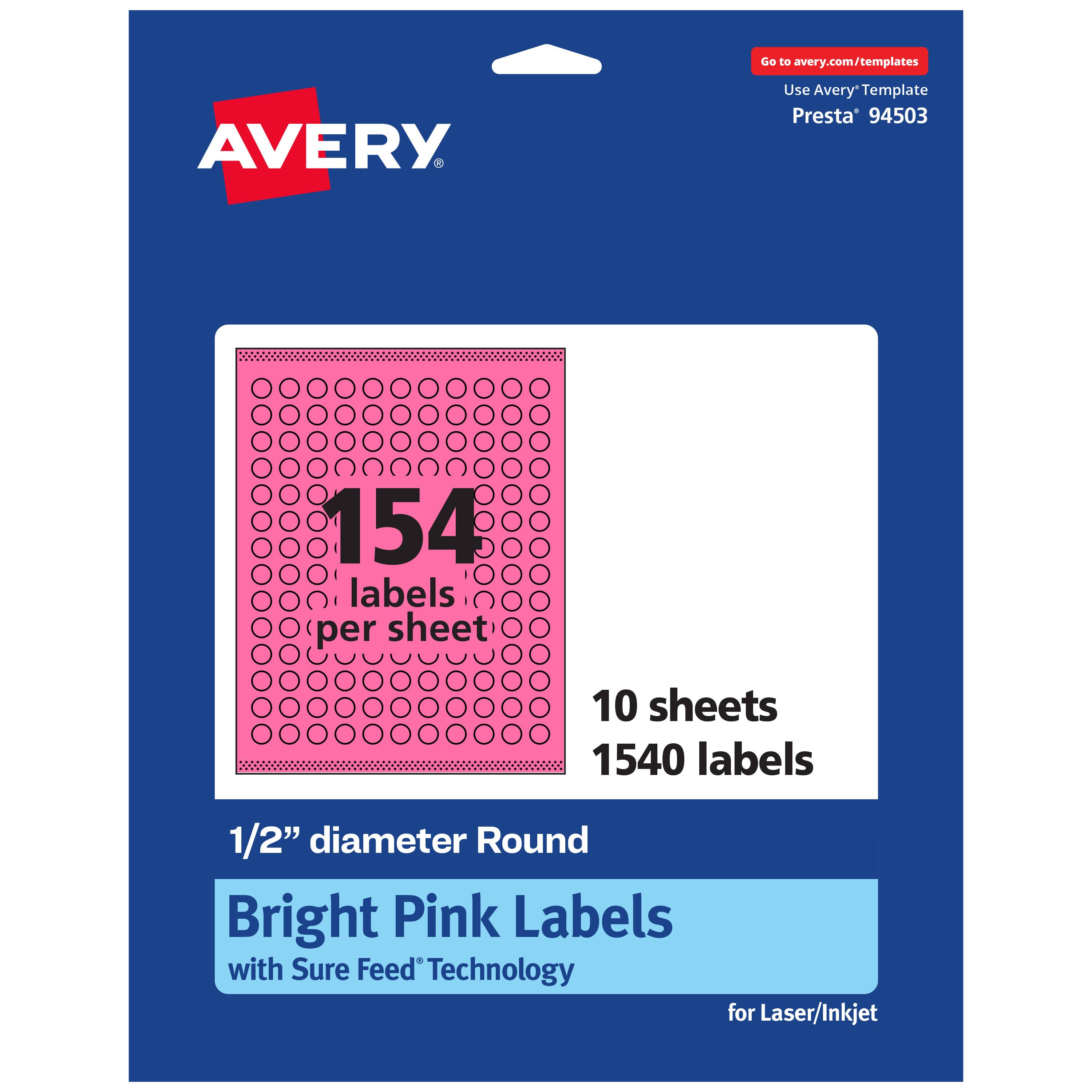 Go to avery.com/templates  
AVERY  
Use Avery™ Template Presta® 94503  

154 labels per sheet  
10 sheets  
1540 labels  

1/2" diameter Round  
Bright Pink Labels with Sure Feed® Technology for Laser/Inkjet