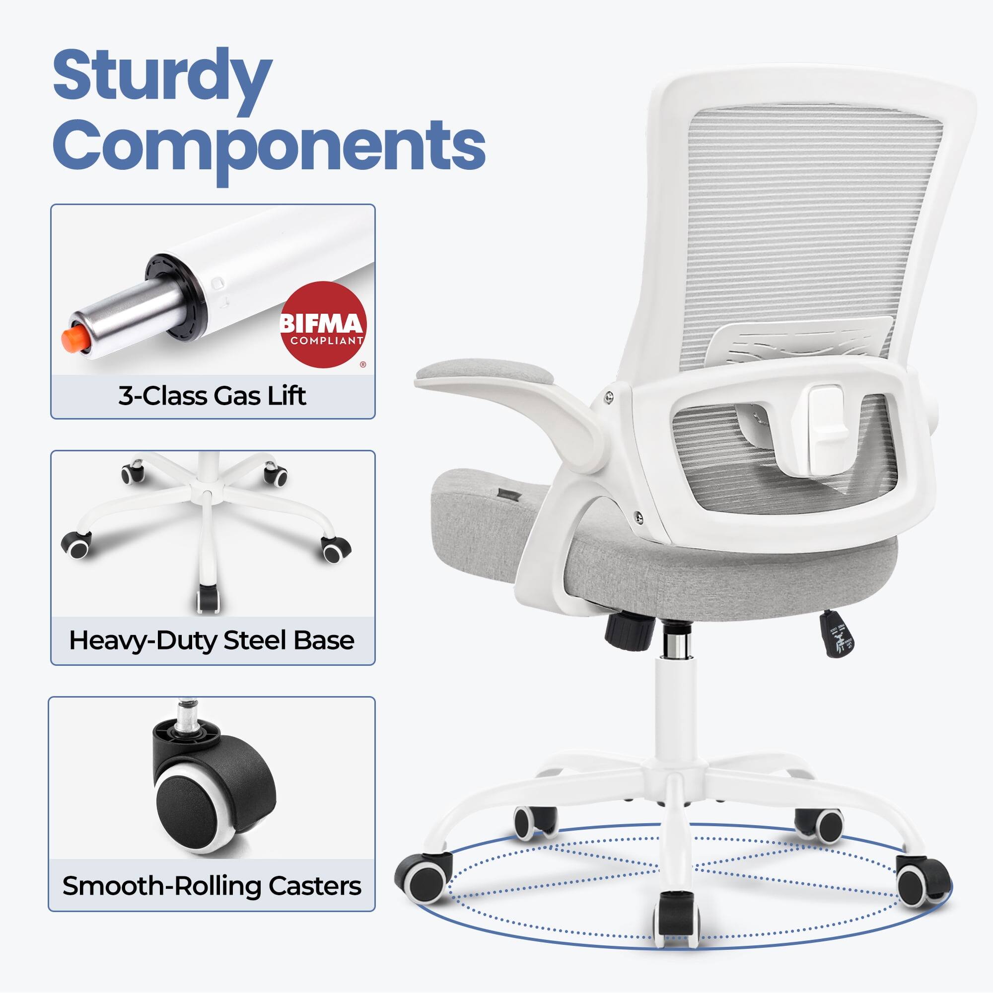 Sturdy Components  
BIFMA COMPLIANT  
3-Class Gas Lift  
Heavy-Duty Steel Base  
Smooth-Rolling Casters