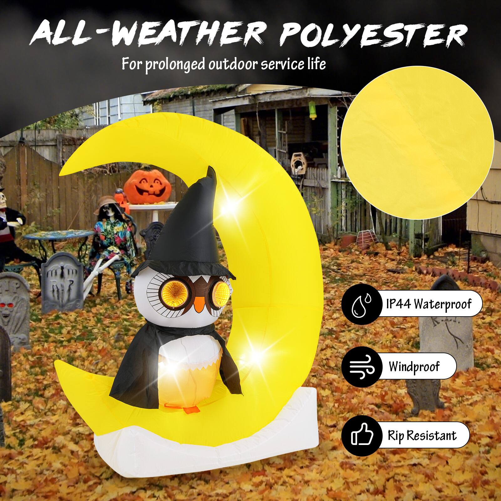 The text on the image reads: "All-Weather Polyer for prolonged outdoor service life IP44 Waterproof Windproof Rip Resistant."
