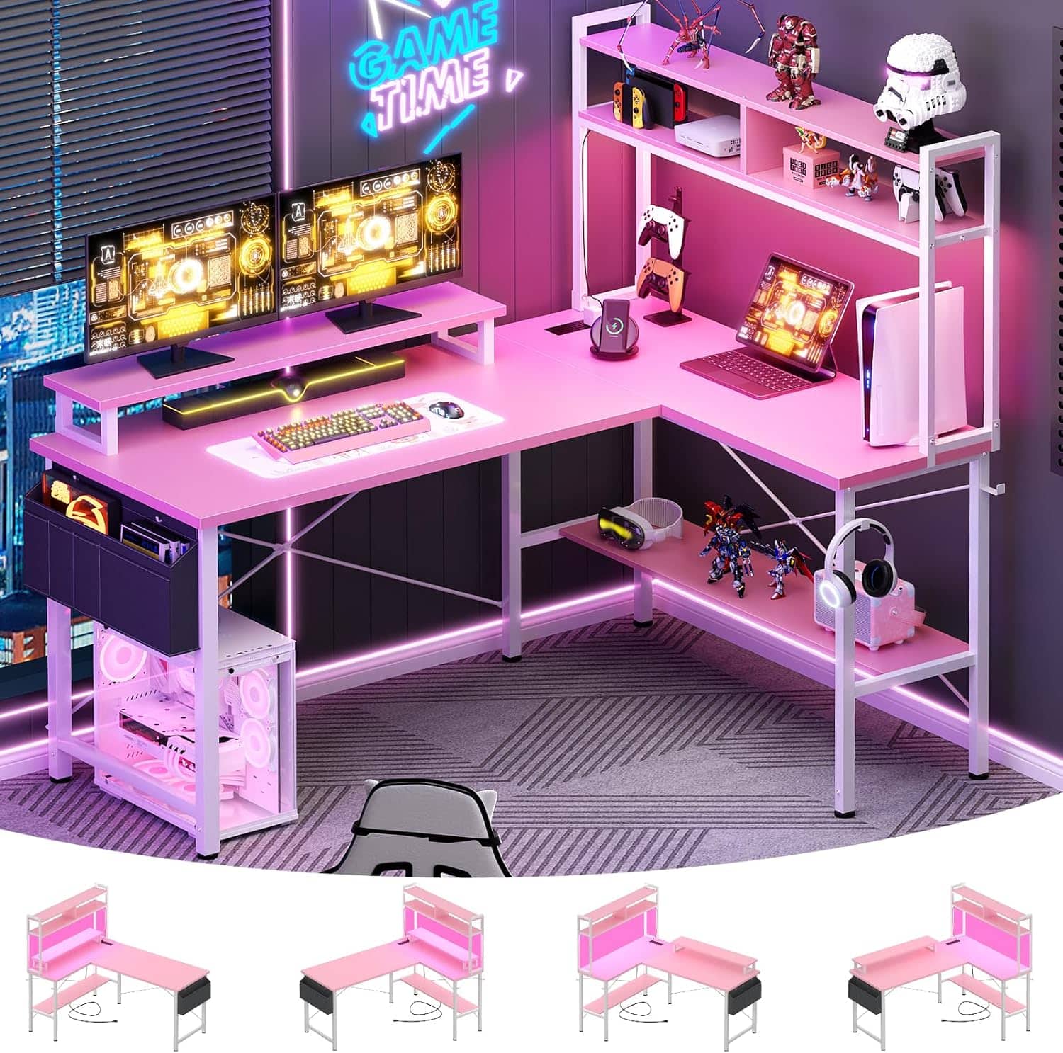 Aheaplus - 49'' Reversible L-Shaped Computer Gaming Desk with LED Lights, Power Outlets, and Hutch Storage - Pink