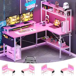 Aheaplus - 49'' Reversible L-Shaped Computer Gaming Desk with LED Lights, Power Outlets, and Hutch Storage - Pink