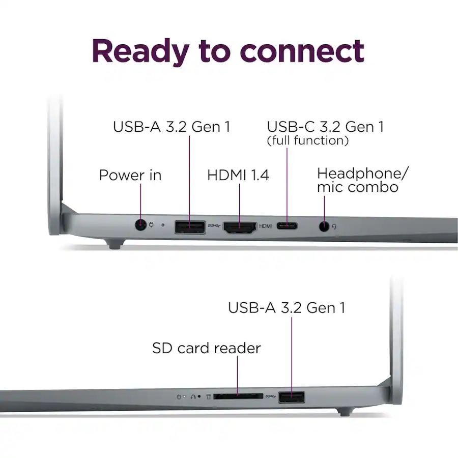 Ready to connect
USB-A 3.2 Gen 1
USB-C 3.2 Gen 1 (full function)
Power in
HDMI 1.4
Headphone/ mic combo
USB-A 3.2 Gen 1
SD card reader