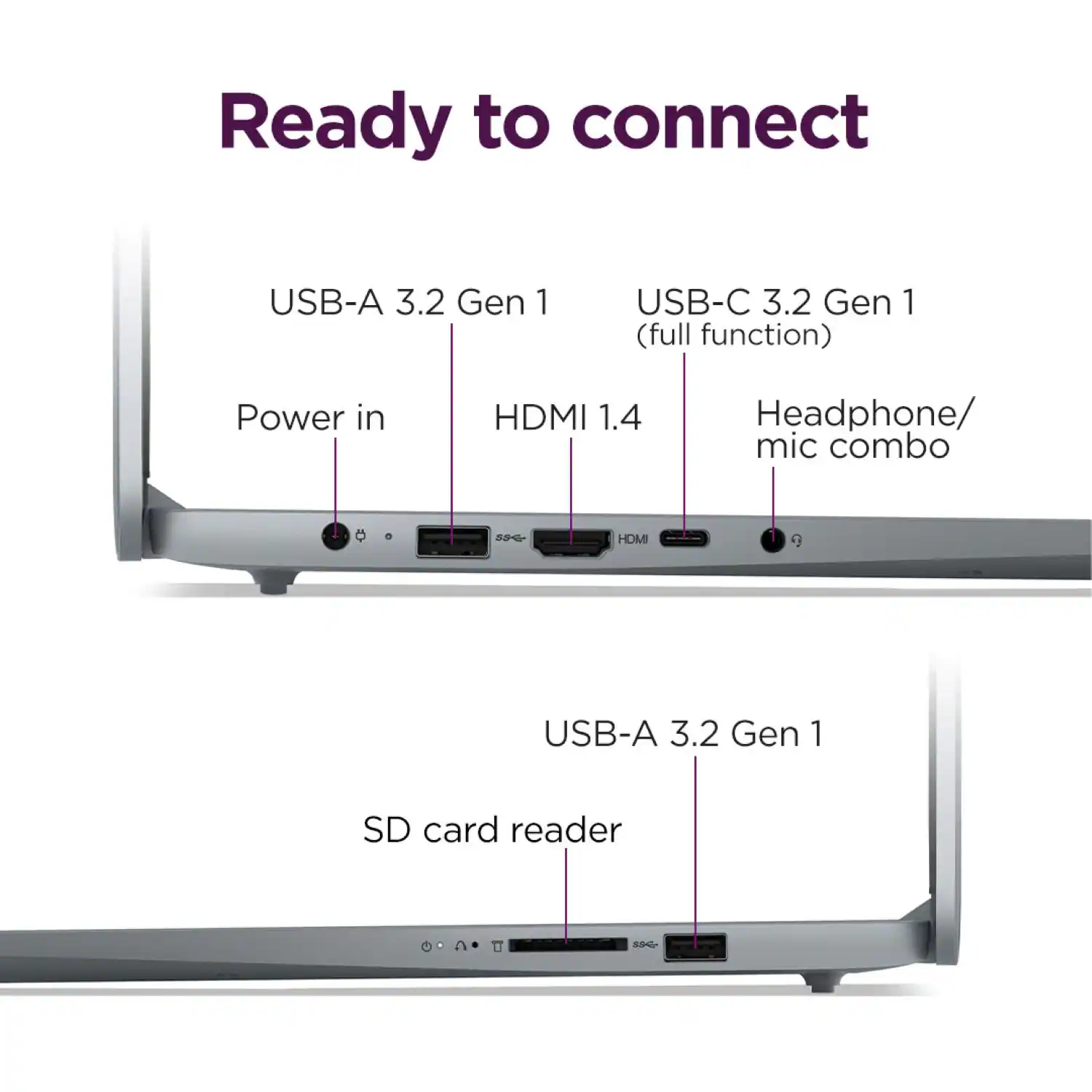 Ready to connect
USB-A 3.2 Gen 1
USB-C 3.2 Gen 1 (full function)
Power in
HDMI 1.4
Headphone/ mic combo
USB-A 3.2 Gen 1
SD card reader