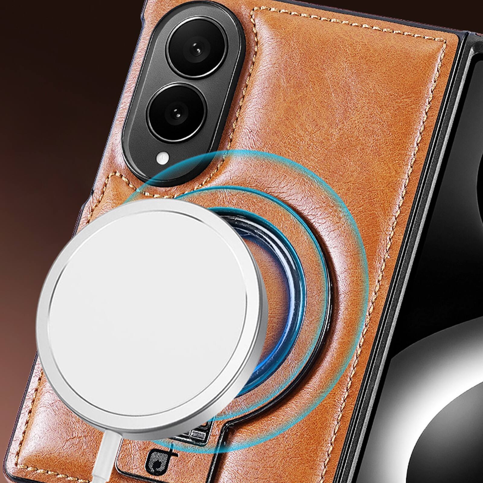 Angle. Dteck - Premium Leather Shockproof Non-Slip Magnetic Invisible Ring Stand Phone Case for Samsung Galaxy Z Fold8 - Black.