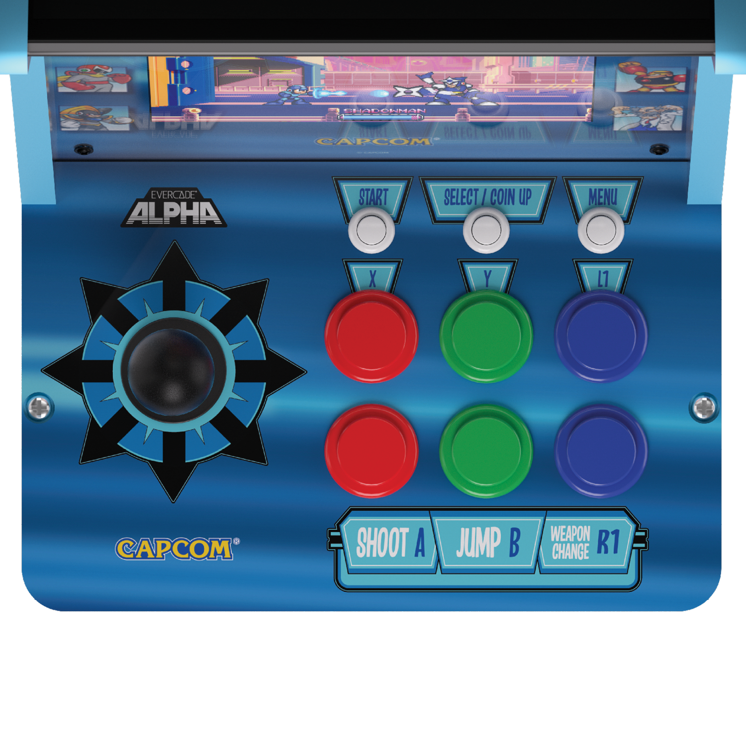 CAPCOM | EVERCADE ALPHA START SELECT / COIN UP MENU X Y L1 CAPCOM SHOOT A JUMP B WEAPON CHANGE R1