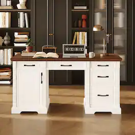 Famapy - Vintage Style Writing Desk with Storage Drawers, Classic Home Office Computer Table for Study or Workspace - Brown & White
