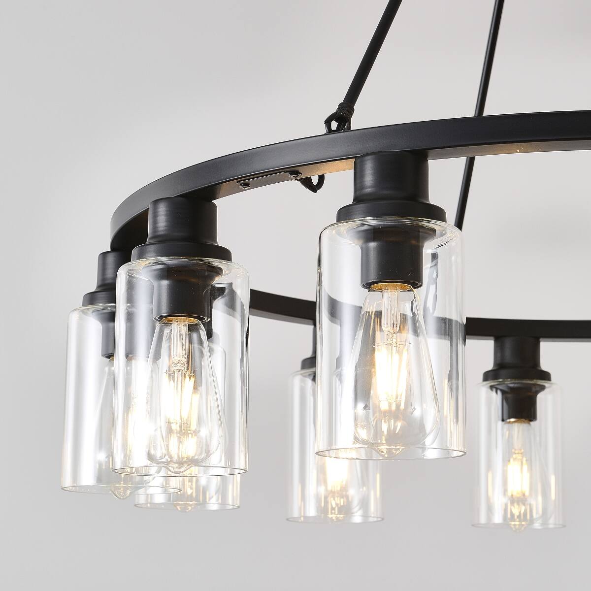 Angle. Loheer - Loheer Six Light Wagon Wheel Chandelier Matte Black Farmhouse Ceiling Light with Seeded Glass and E26 Sockets.