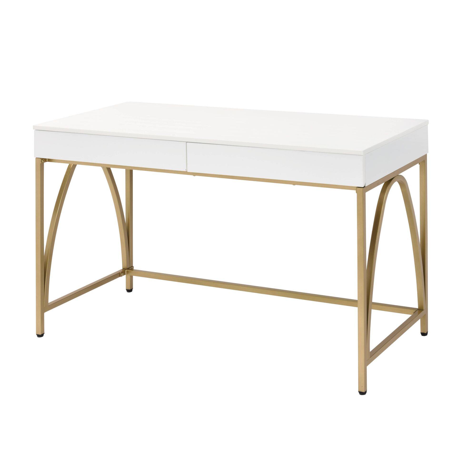 Alt View 1. GOODSILO - Contemporary Writing Desk with Metal Legs and Dual Storage Drawers for Home Office - Gloss White+Gold.