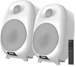 Pyle - HiFi 60W Powered Bluetooth Bookshelf Speakers – Adjustable Bass/Treble, Studio Computer Desk Stereo System - White
