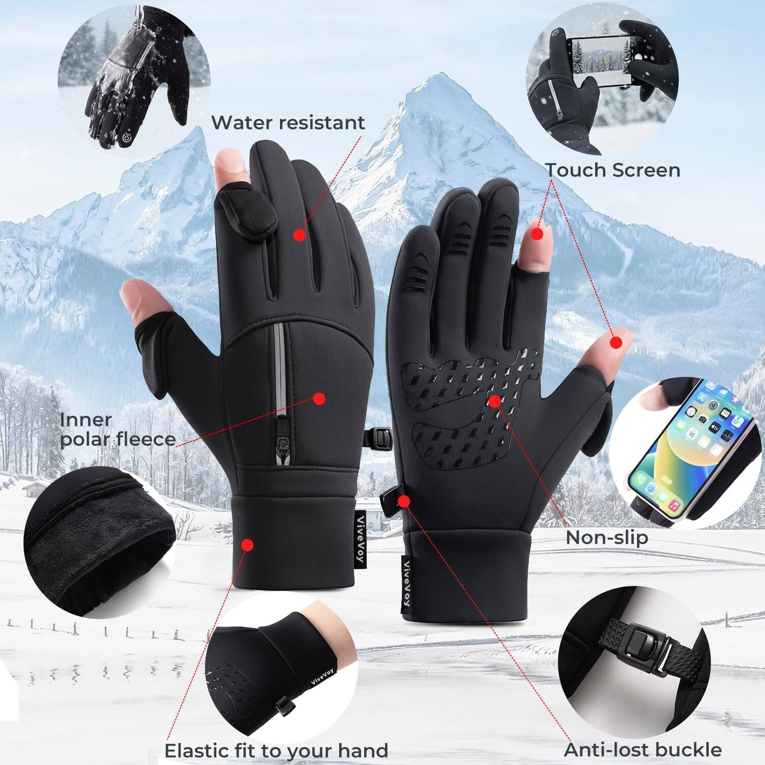 - Water resistant
- Touch Screen
- Inner polar fleece
- Non-slip
- Elastic fit to your hand
- Anti-lost buckle