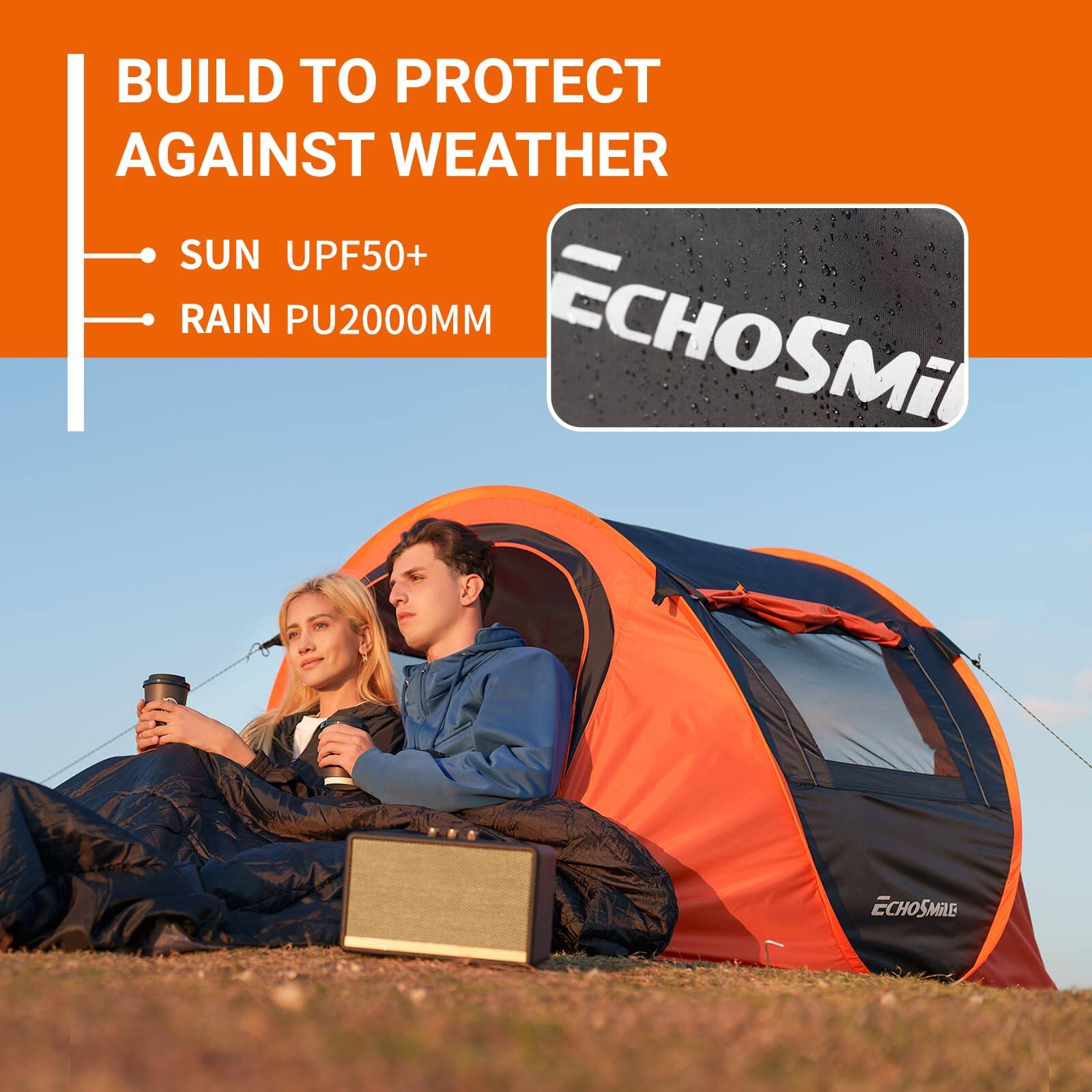 The corrected text is:

"BUILD TO PROTECT AGAINST WEATHER
SUN UPF50+
RAIN PU2000MM
ECHOSMi"

The brand name is "ECHOSMi".
