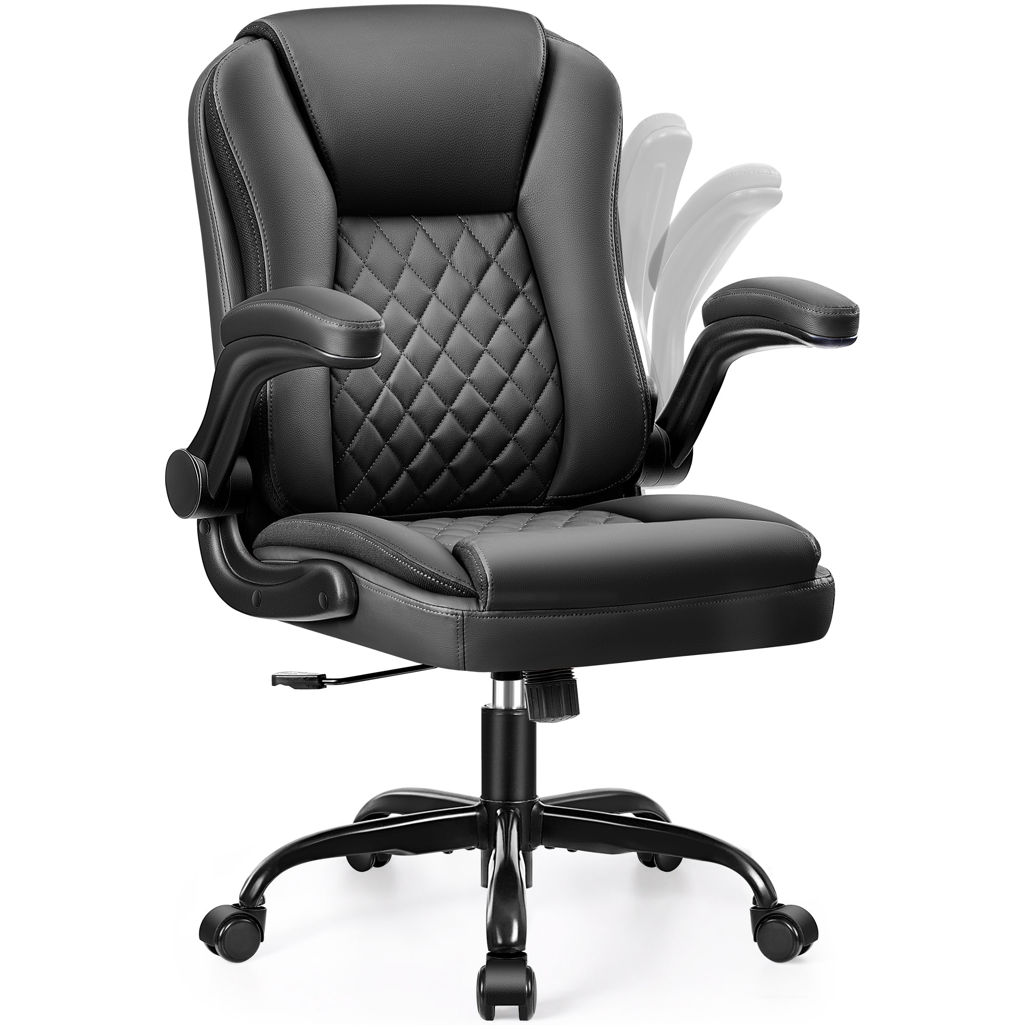 KERDOM - Ergonomic PU Small Leather Chair Office Desk Chair with Wheels, Tilt Mid Back Computer Chair Swivel Task Work Chair - Black