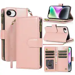 Equipd - Phone Case for Apple iPhone 17e / iPhone 16e, Luxury Wallet Card ID Zipper Money Holder Cover - Rose Gold
