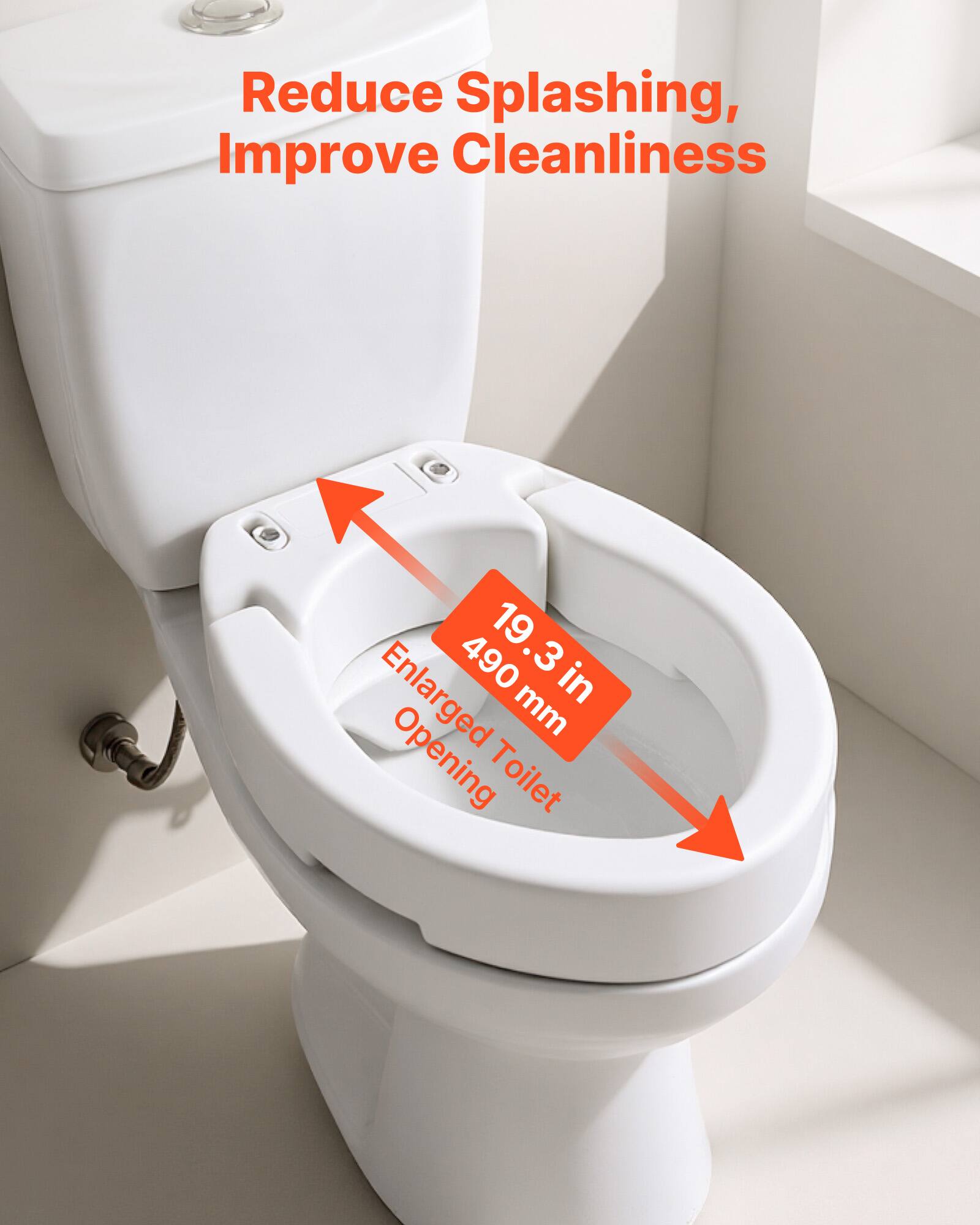 Reduce Splashing, Improve Cleanliness

19.3 in / 490 mm Enlarged Toilet Opening