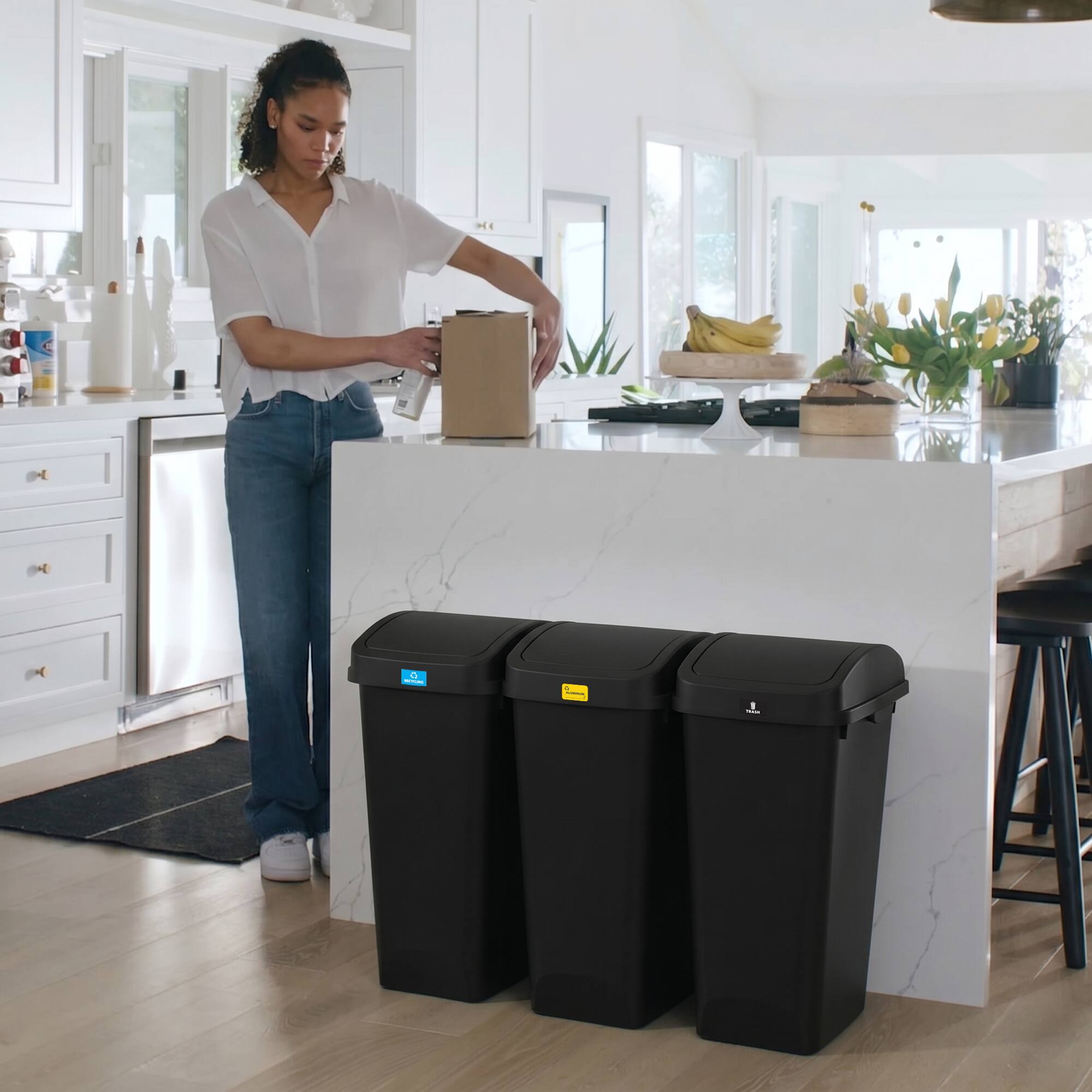 Alt View 7. Glad - Glad Link & Sort 12 Gallon Plastic Waste and Recycling Bin with Lid, Black - BLACK/BLACK LID.