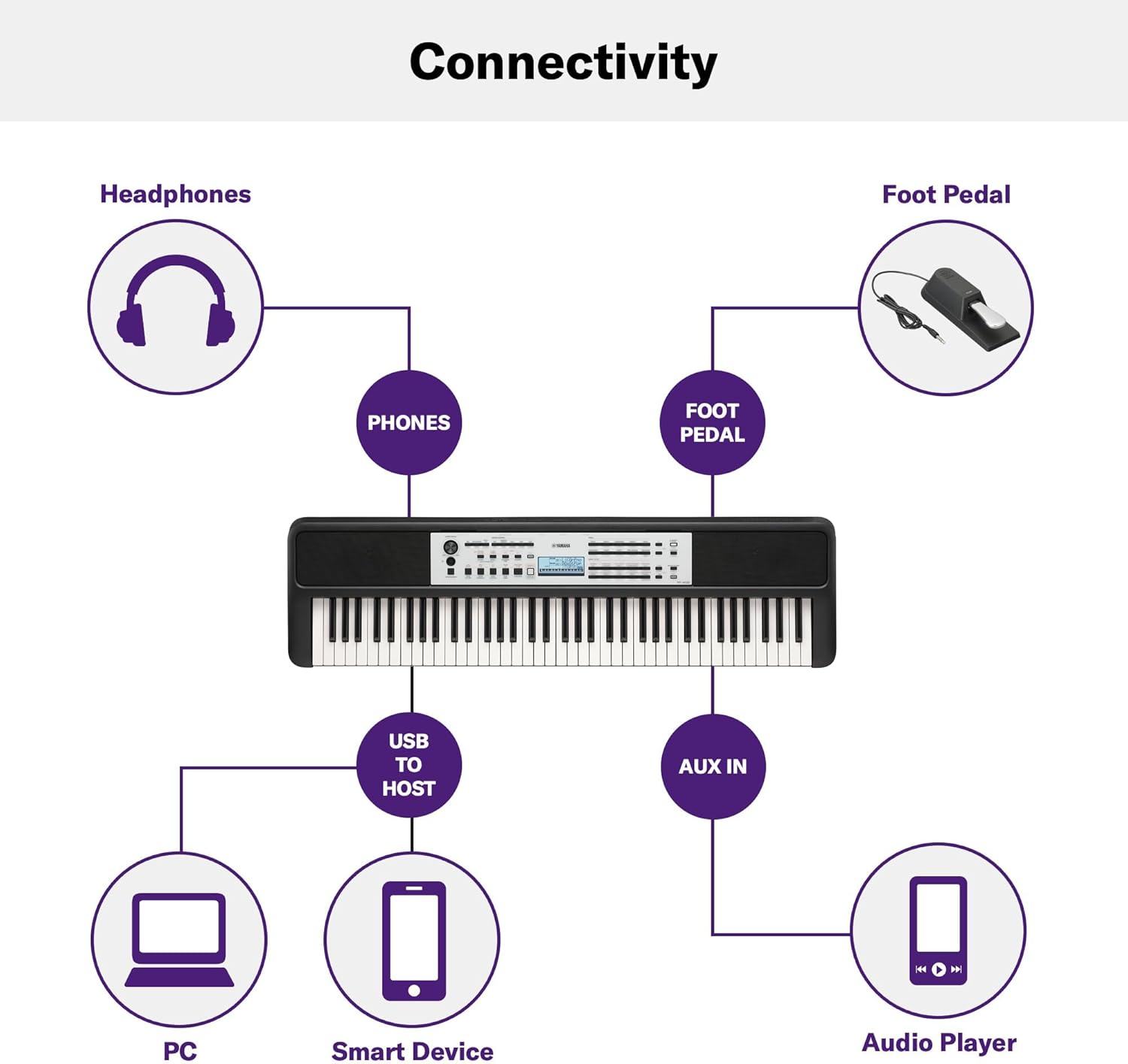 Connectivity

- Headphones
  - PHONES

- Foot Pedal
  - FOOT PEDAL

- USB TO HOST
  - PC
  - Smart Device

- AUX IN
  - Audio Player