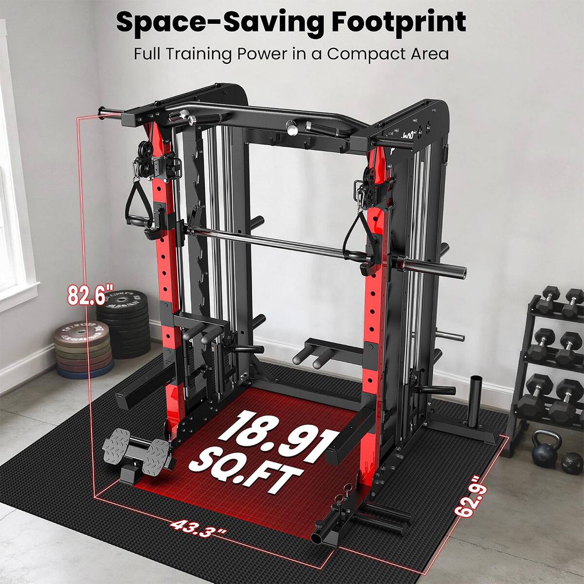 Space-Saving Footprint  
Full Training Power in a Compact Area  

82.6"  
18.91 SQ.FT  
43.3"  
62.9"