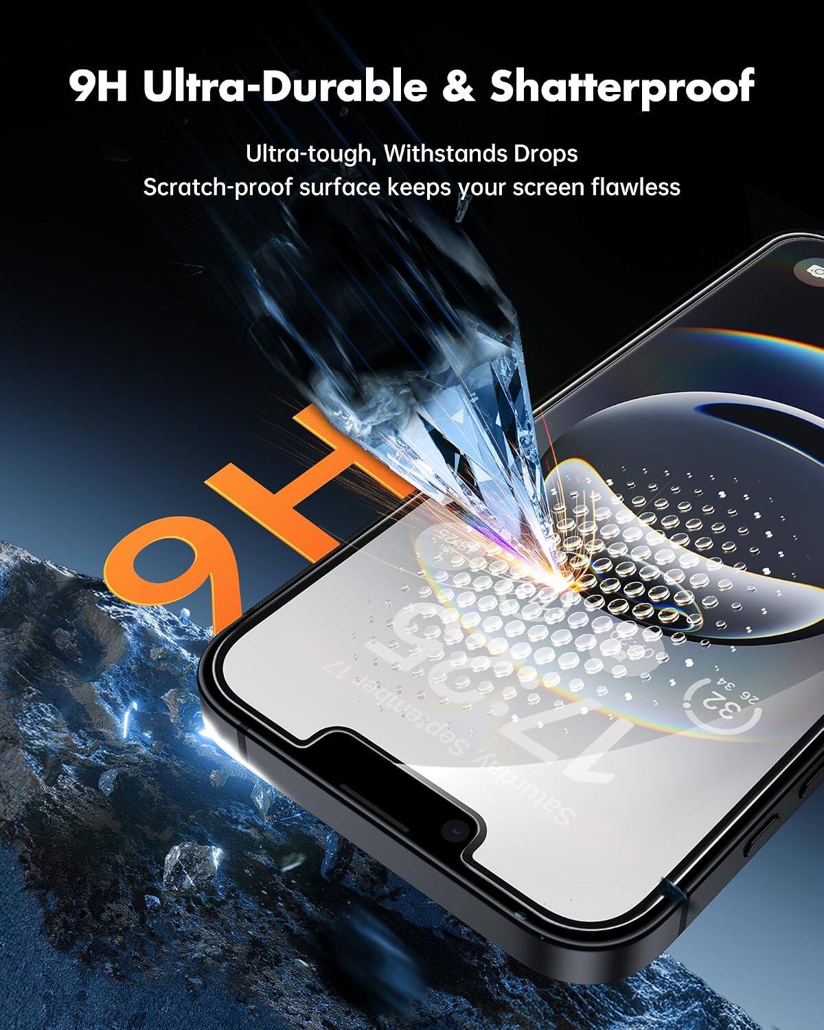 9H Ultra-Durable & Shatterproof  
Ultra-tough, Withstands Drops  
Scratch-proof surface keeps your screen flawless  

9H  
34 September-17  
32  
26  
Saturday