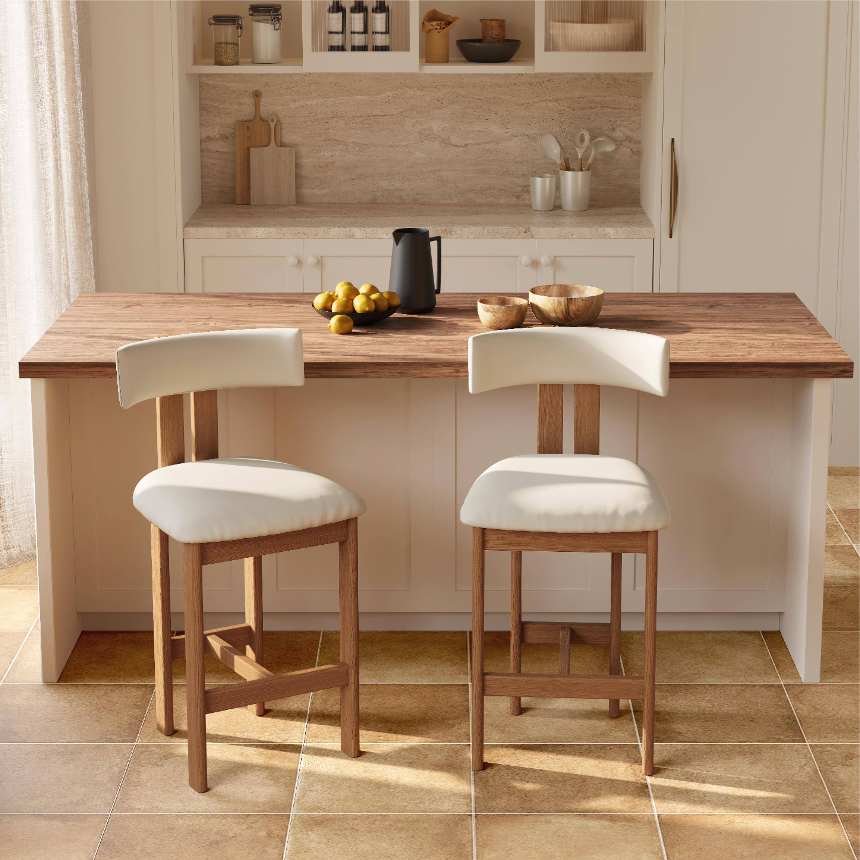 Left. POVISON - 26" Fully Assembled Mid-Century Modern Counter Height Bar Stools Set of 2, Faux Leather Beige & Light Walnut - Beige & Black PU Leather.