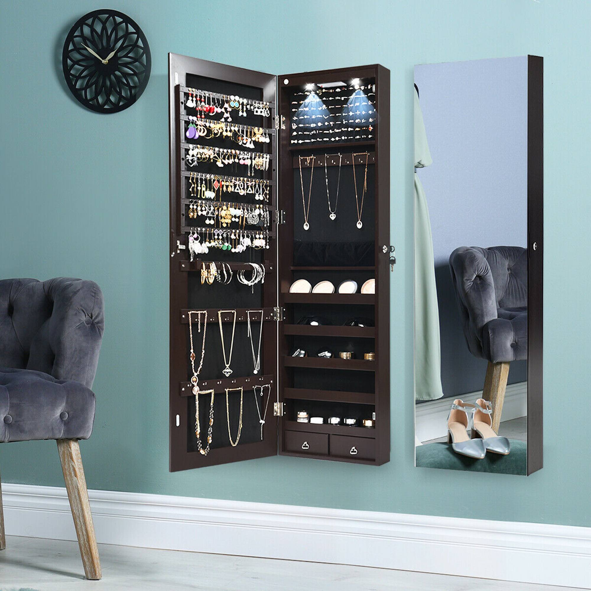 Alt View 3. Gymax - Gymax Mirrored Wall & Door Mounted Jewelry Storage Cabinet Organizer W/ Lights&Drawer - Brown.