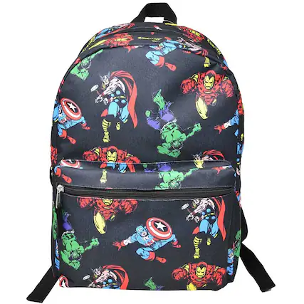 Front. Marvel - Marvel Avengers All Over Print Black 16" Nylon School Backpack for Boys, with a front Pocket - Assorted Pre-Pack.